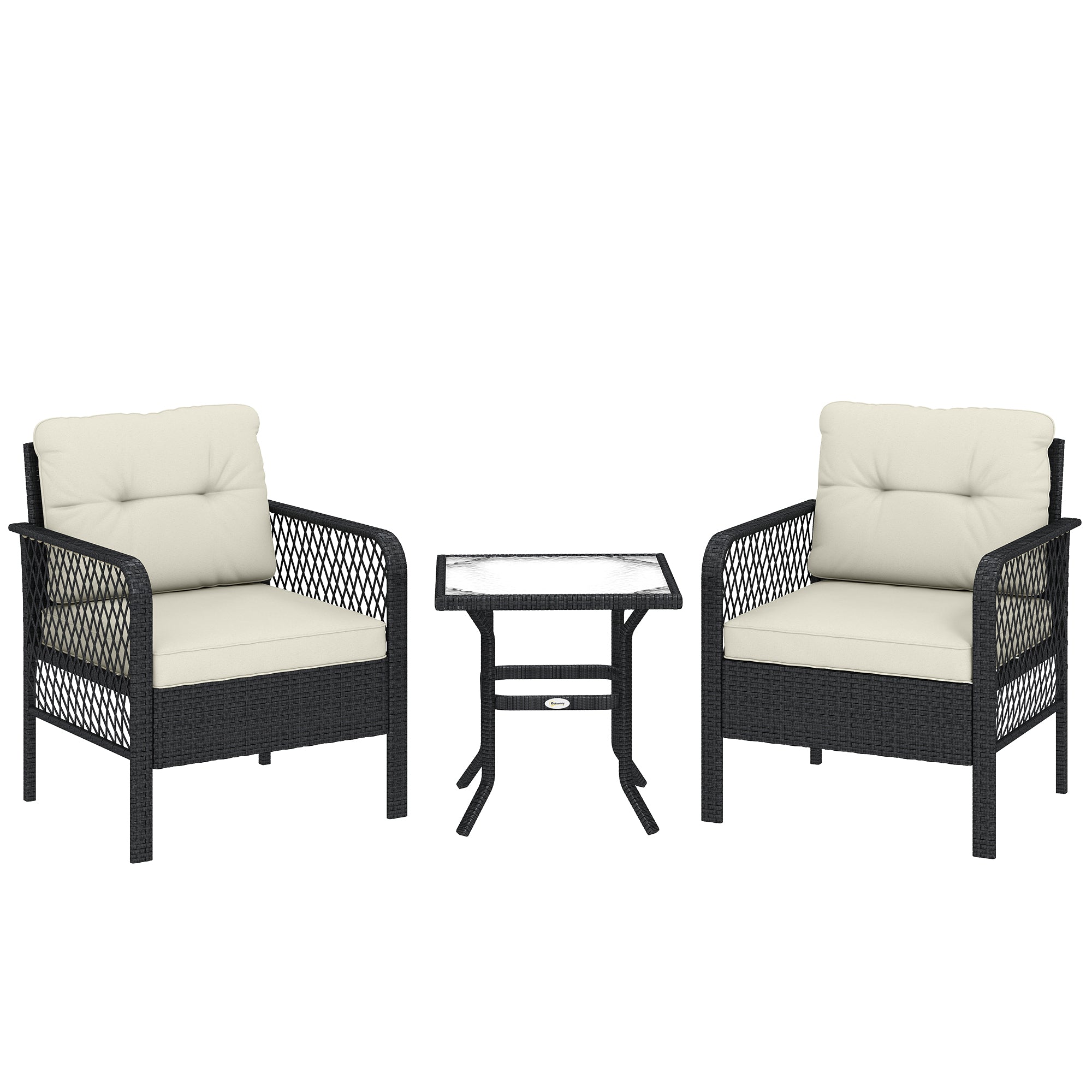 3 Pieces Rattan Bistro Set with Glass Top Coffee Table, Chairs and Cushions for Outdoor, Patio, Balcony, Cream