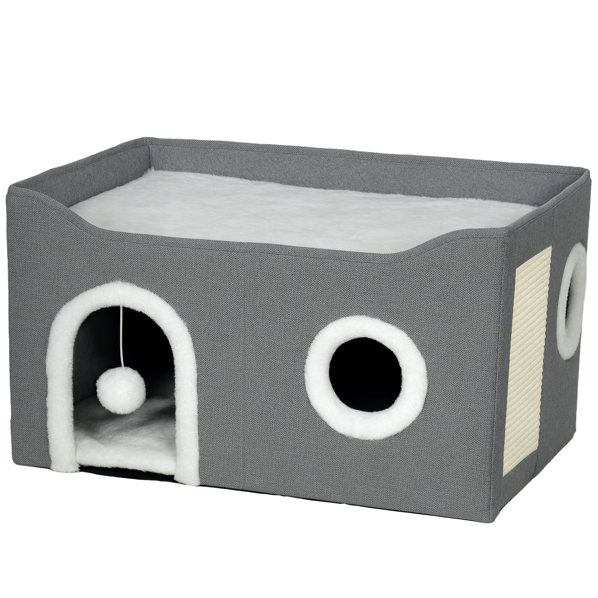 Cat Bed for Indoor Pets, Foldable Cat House with Fluffy Ball and Scratch Pad for Small and Medium Pets, Grey