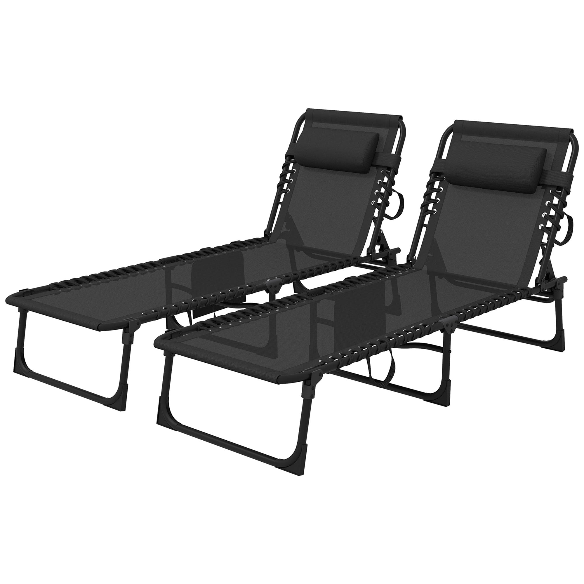 Portable Sun Lounger Set of 2, Folding Camping Bed Cot, Reclining Lounge Chair 5-position Adjustable Backrest with Side Pocket, Pillow for Patio Garden Beach Pool, Black