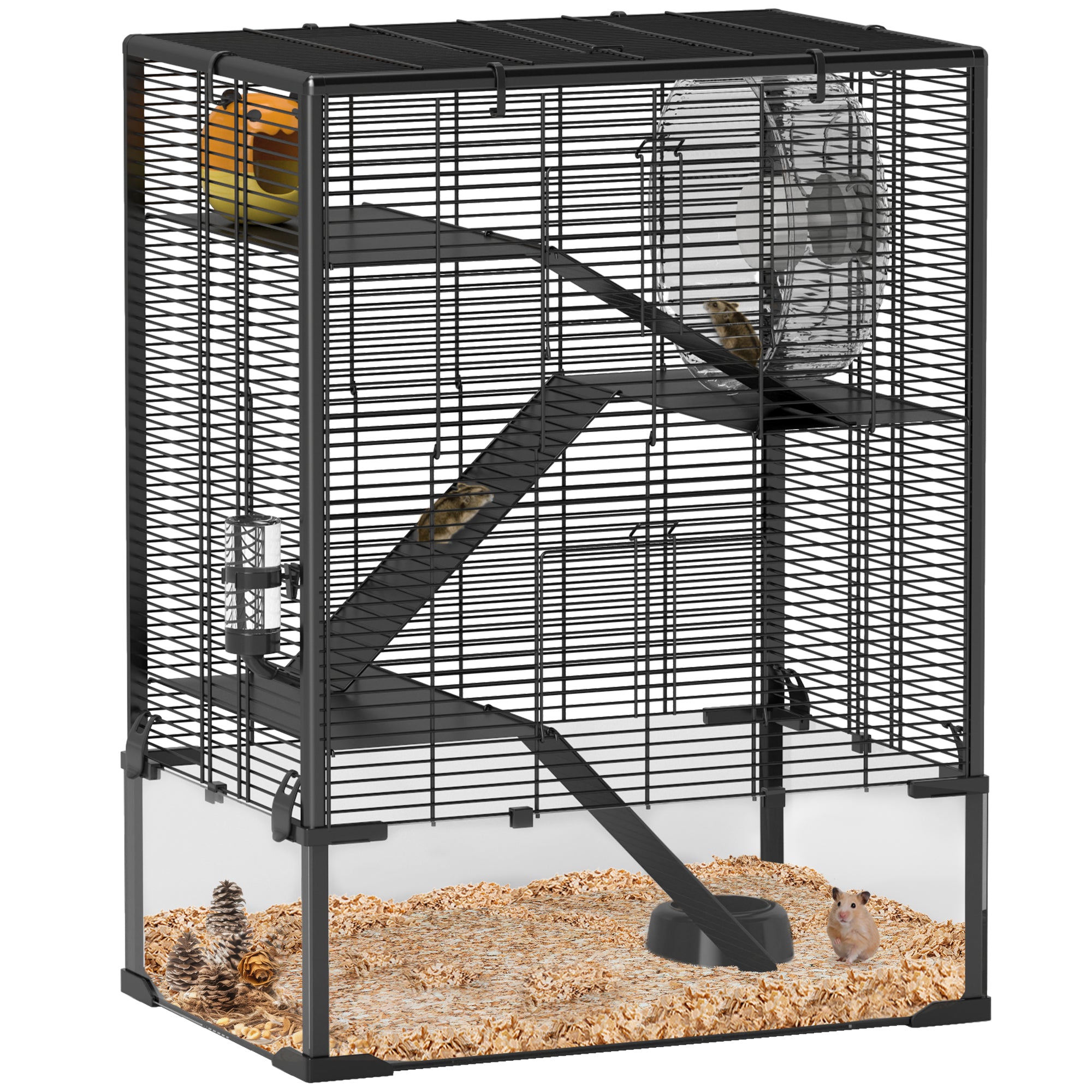 4 Tiers Hamster Cage with Tempered Glass Bottom, Hut, Wheel, Food Dish & Water Bottle, 60x40x80cm - Black