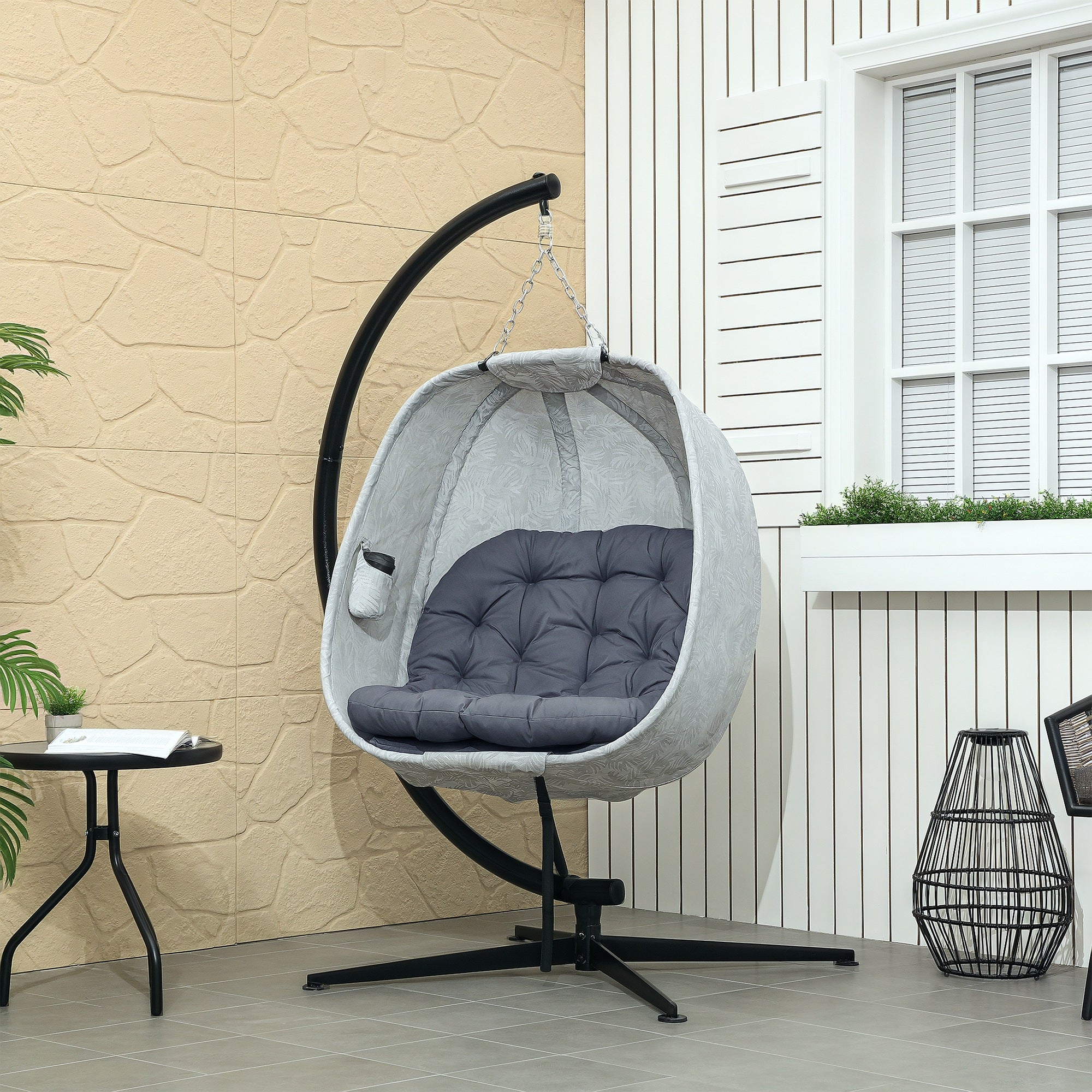 Hanging Egg Chair with Stand and Thick Cushion - Grey
