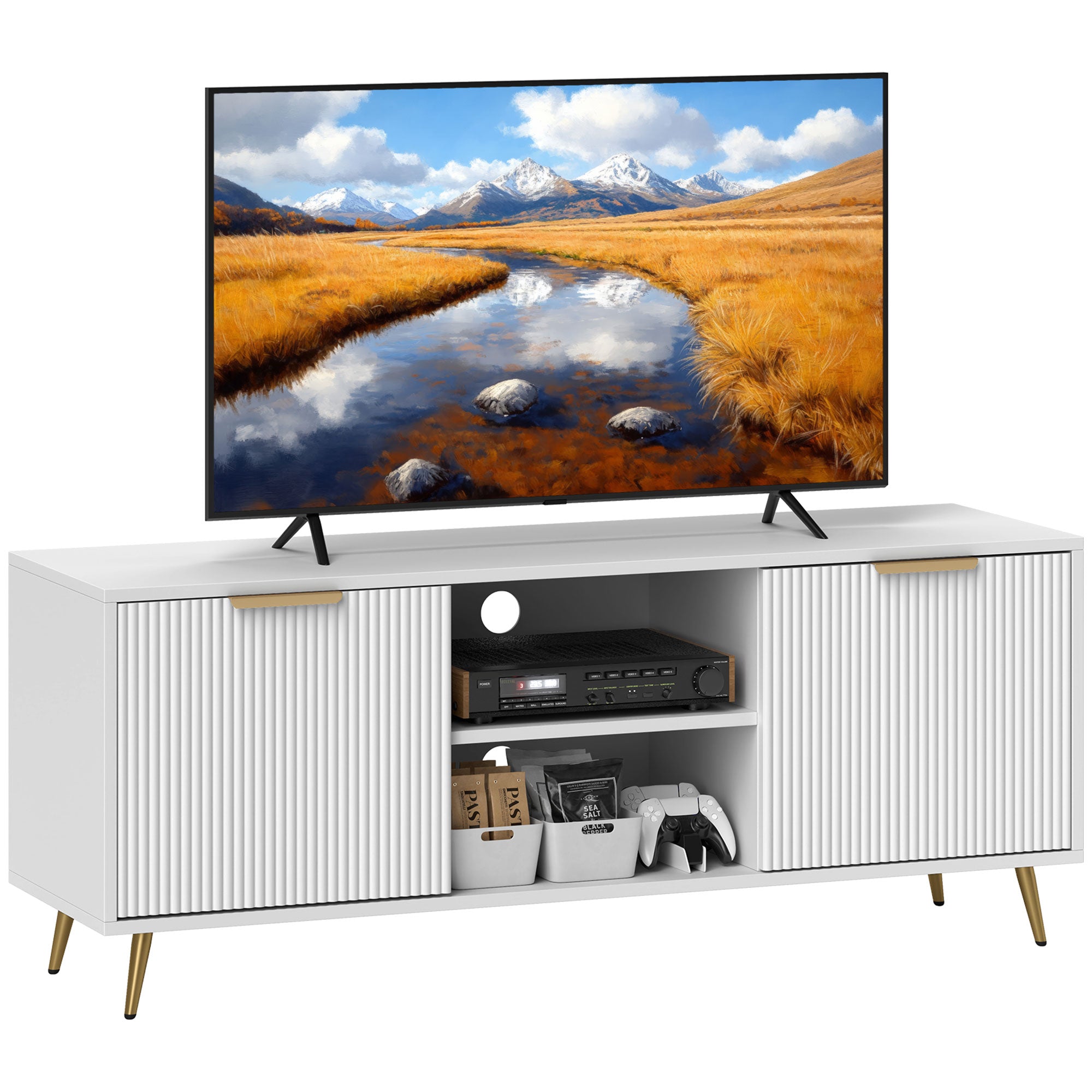 Modern TV Stand Cabinet for TVs up to 55", TV Unit with 2 Open Shelves and 2 Cabinets, Entertainment Centre with Cable Management for Living Room, White