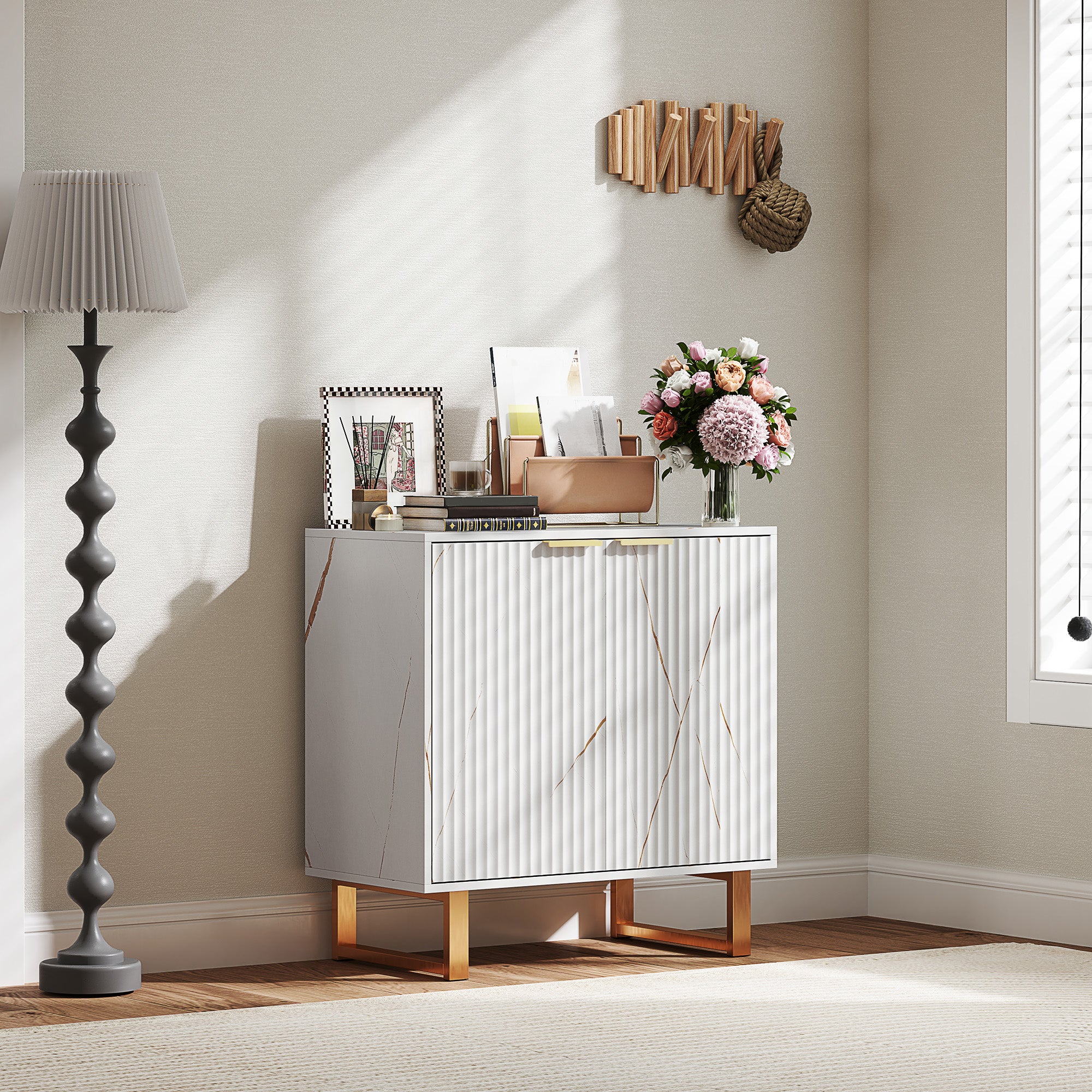 Elegant Storage Sideboard with Ridged Front and Shelves - White/Gold-Tone