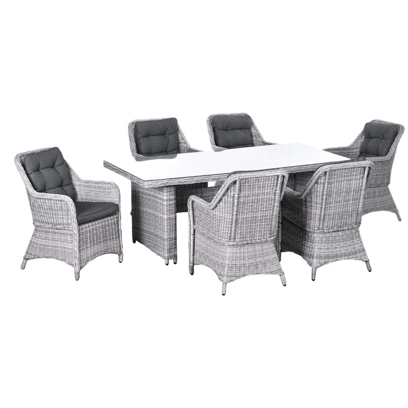 7 PCS Outdoor PE Rattan Dining Table Set with Tempered Glass Top and Aluminium Chairs - Grey