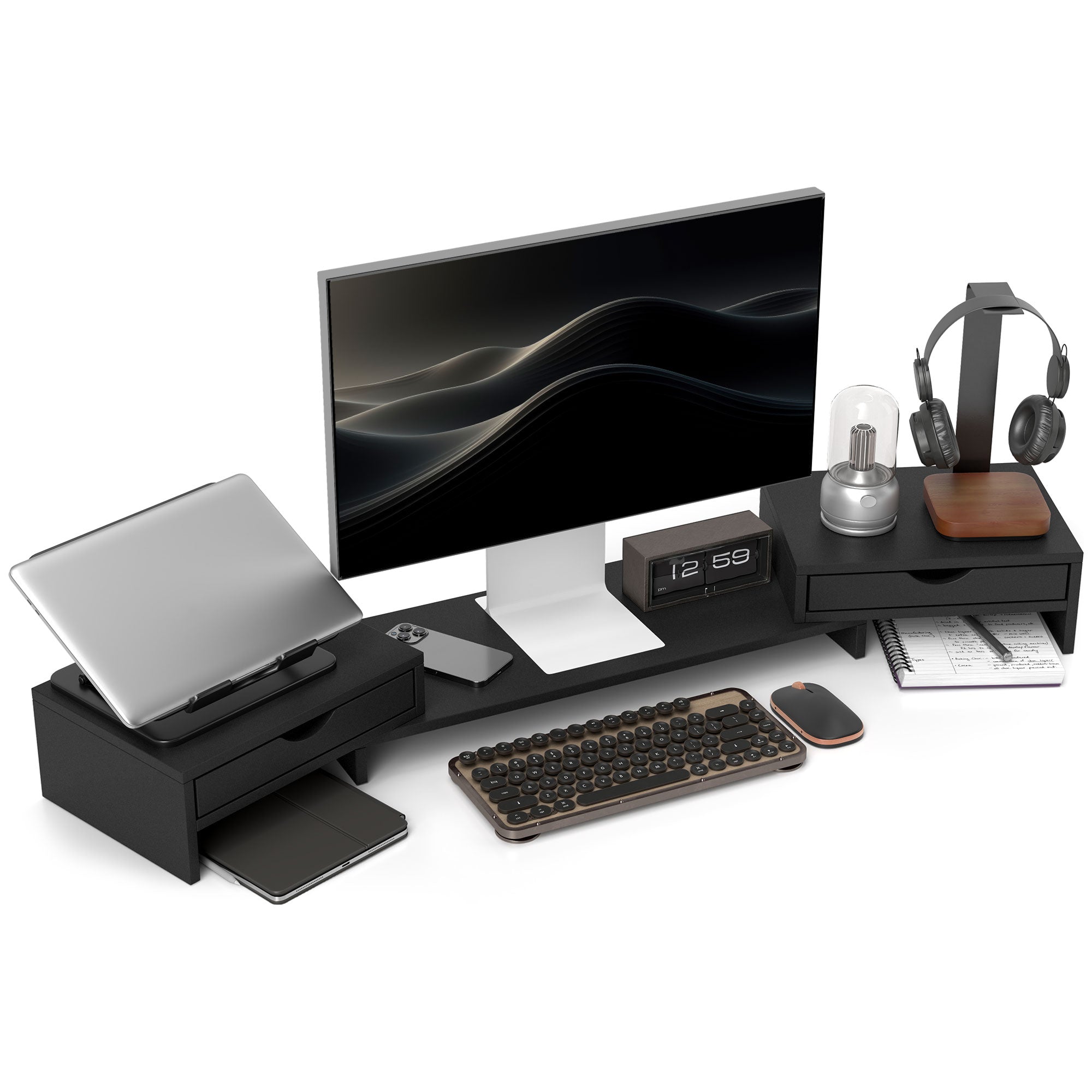 Dual Monitor Stand Riser with 2 Drawers, Adjustable 60-116cm Length and Angle for Laptop, PC, Printer - Black