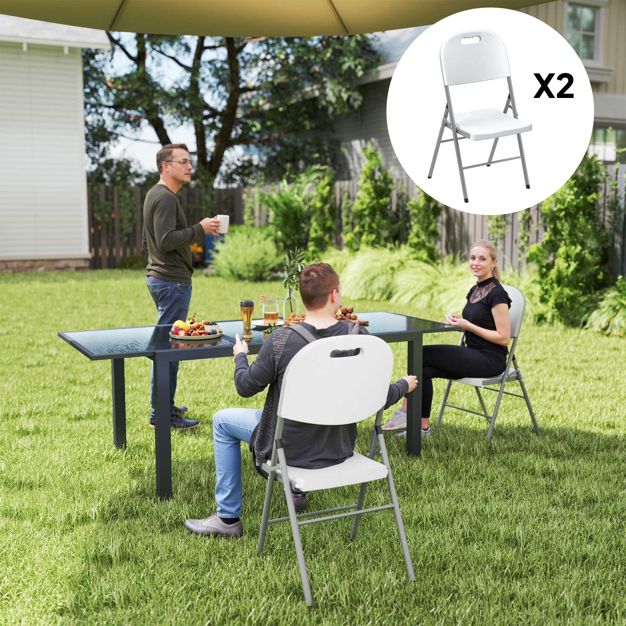 Set of 2 Foldable Steel Frame Outdoor Chairs with Plastic Seats - White