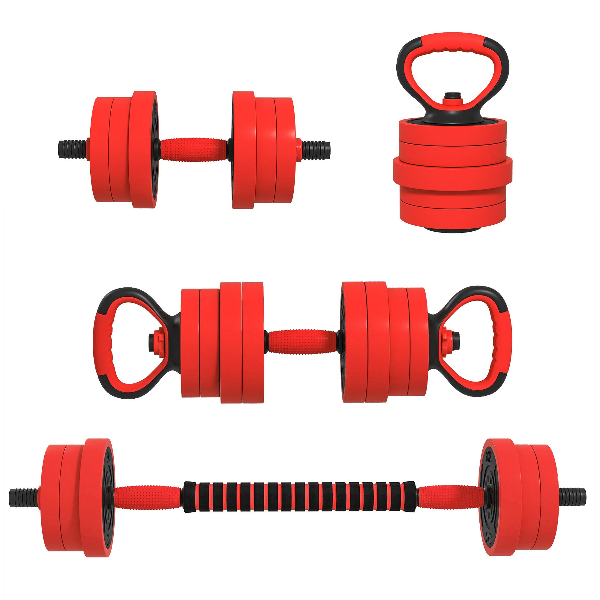 20kg Four-In-One Adjustable Dumbbell Set with Barbell and Kettlebell - Red