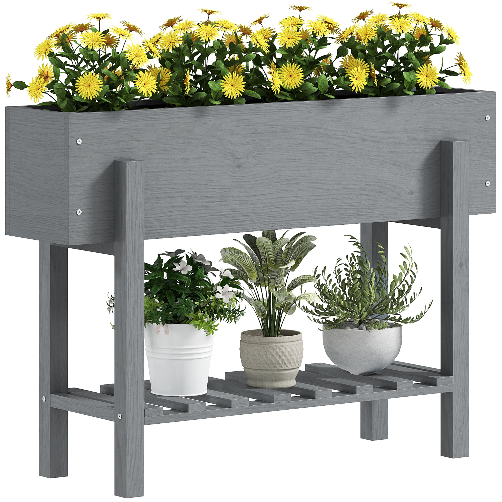Wooden Two Tier Raised Planter with Drainage Holes - Grey