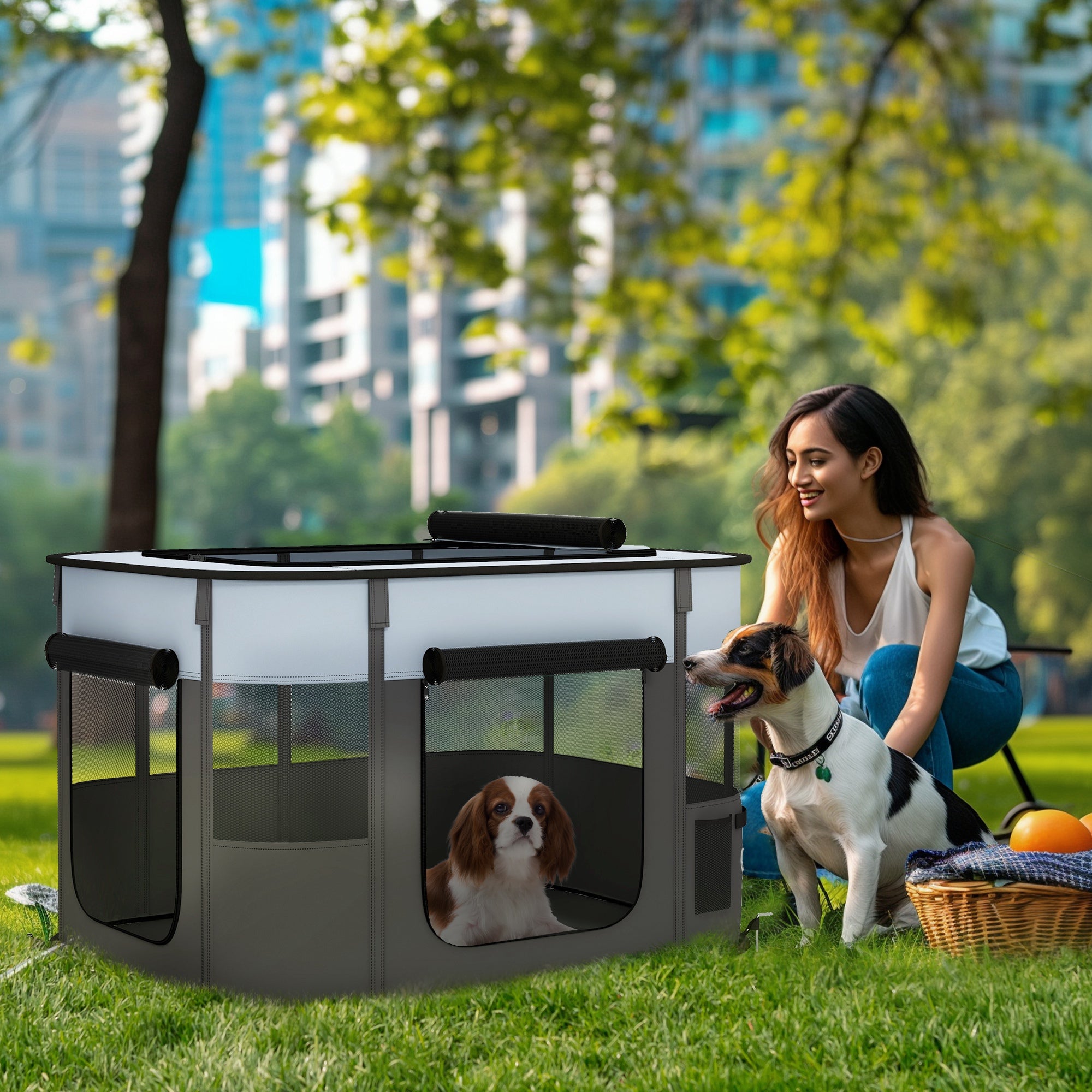 Foldable Dog Pen with Storage Bag for Indoor/Outdoor Use - Grey