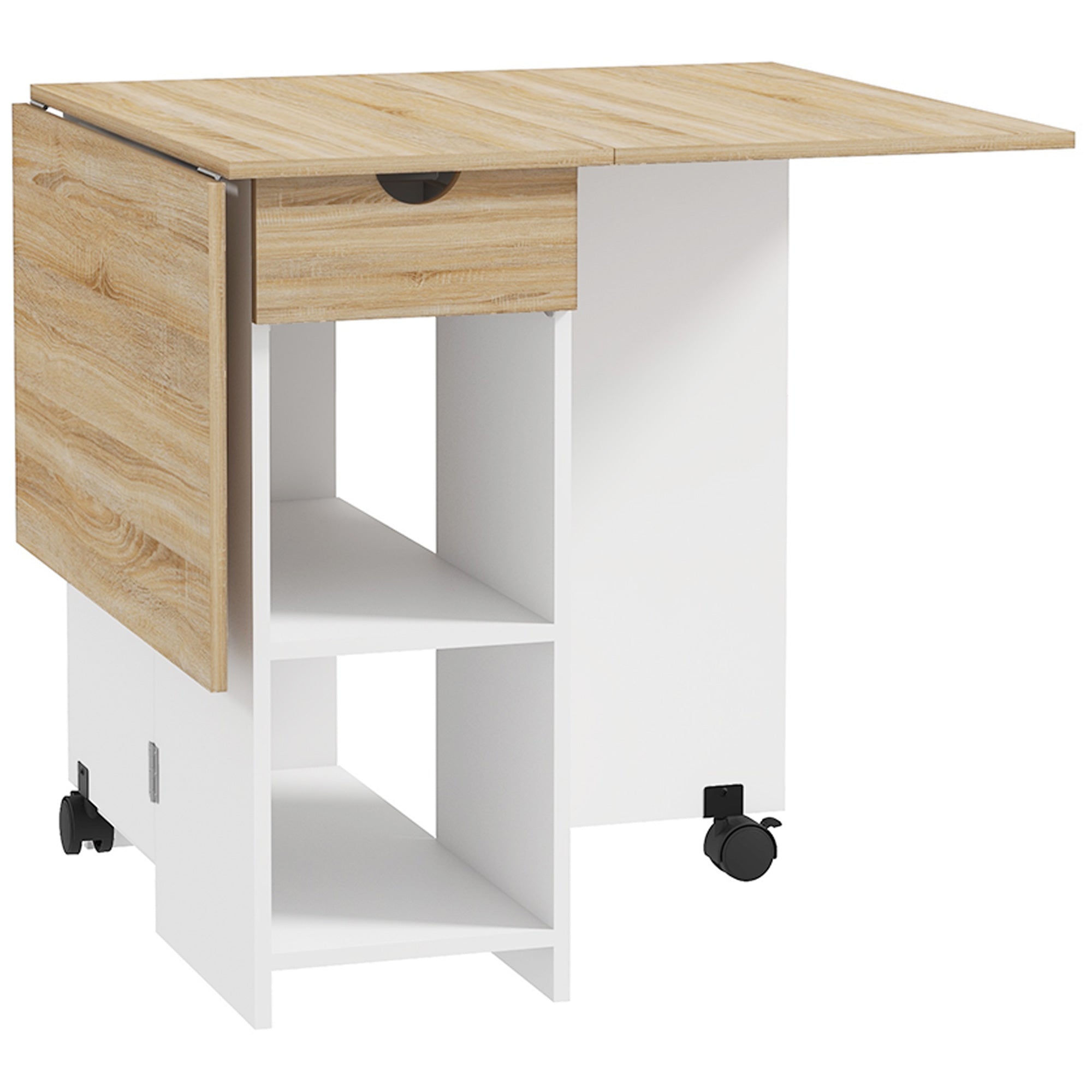 Folding Drop Leaf Dining Table with Drawer and Storage Shelves for Small Spaces - Oak