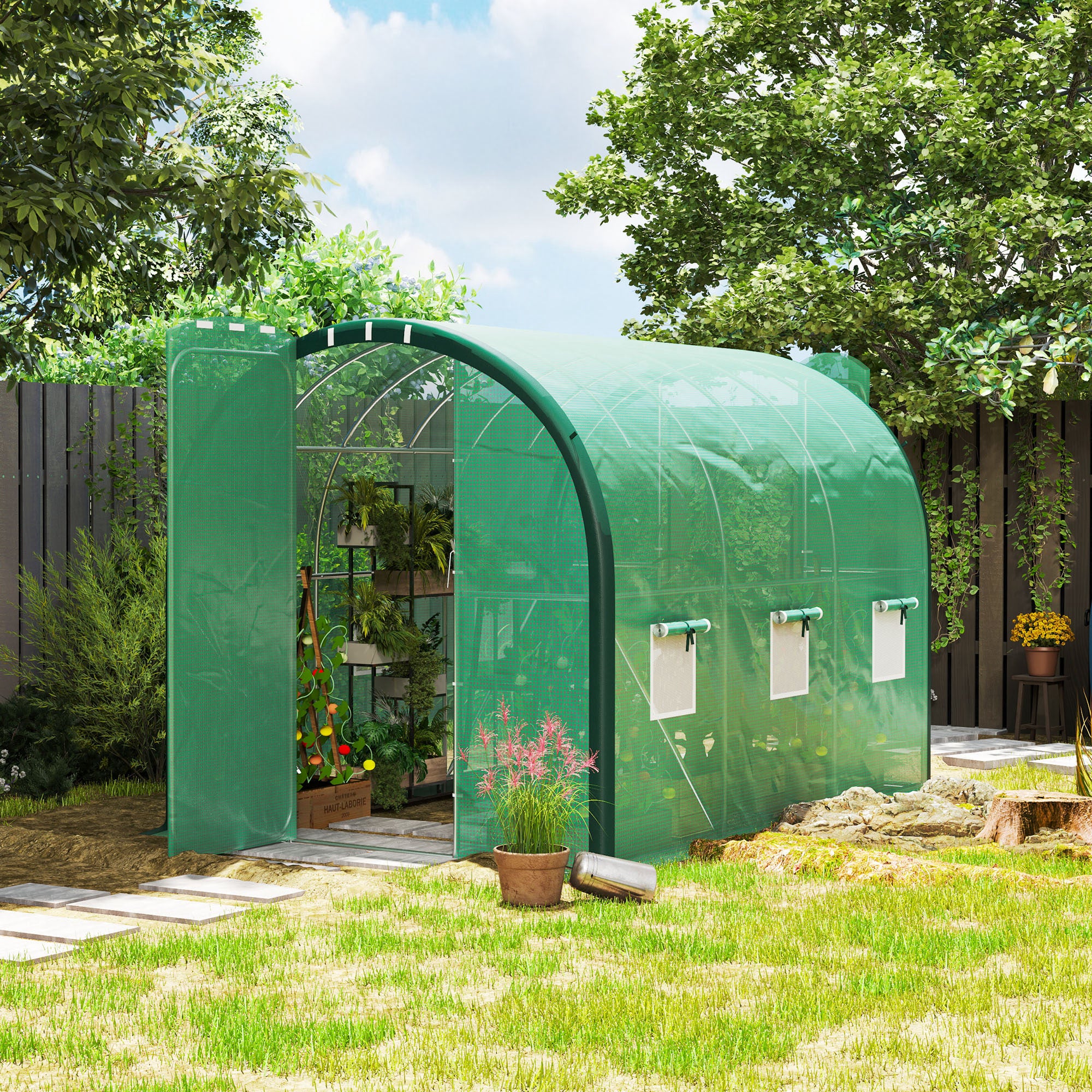 3 x 2 Metre Polytunnel Greenhouse Set with Windows and Doors - Green