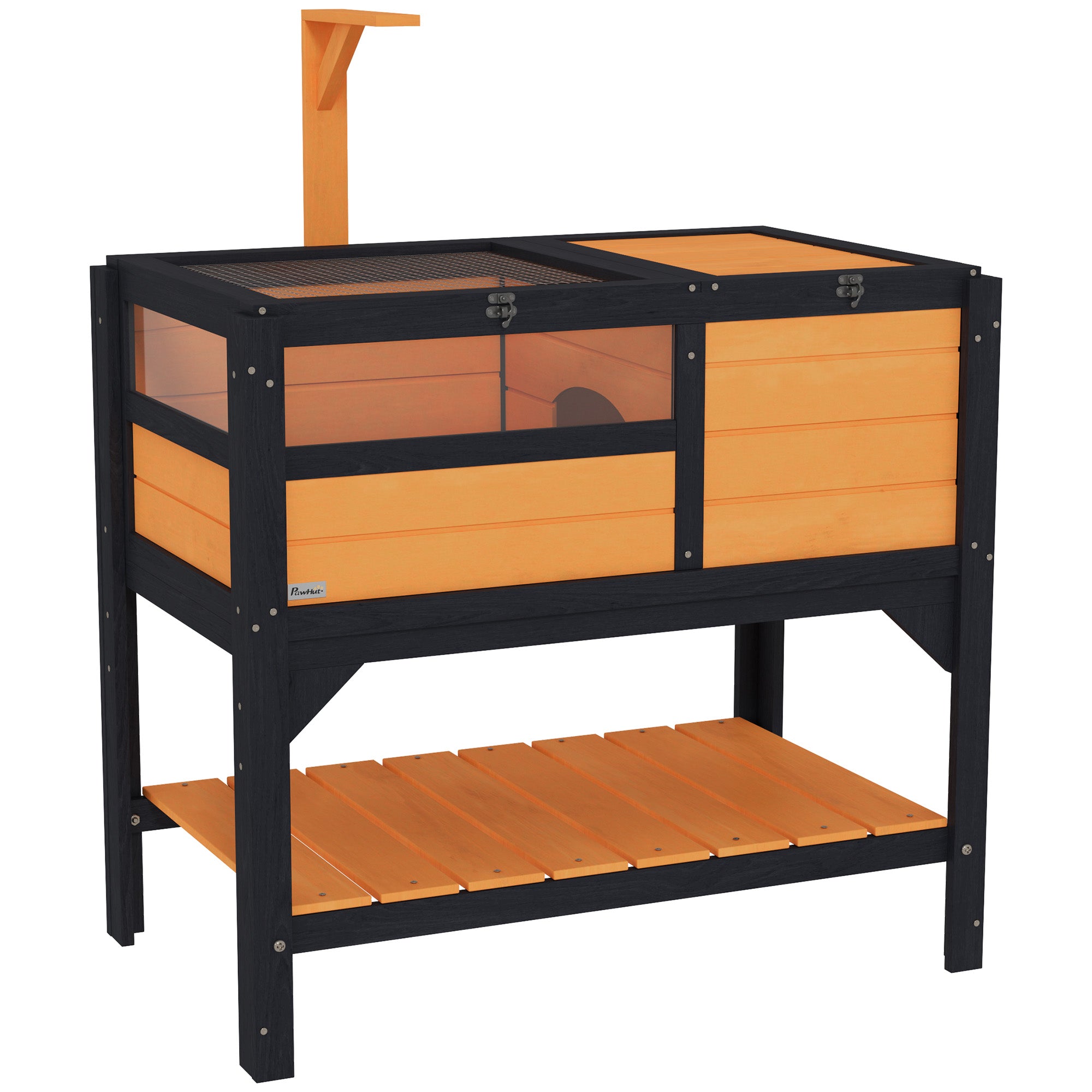 Wooden Tortoise House with Shelter, Run, Shelf, Lamp Holder & Tray - Yellow