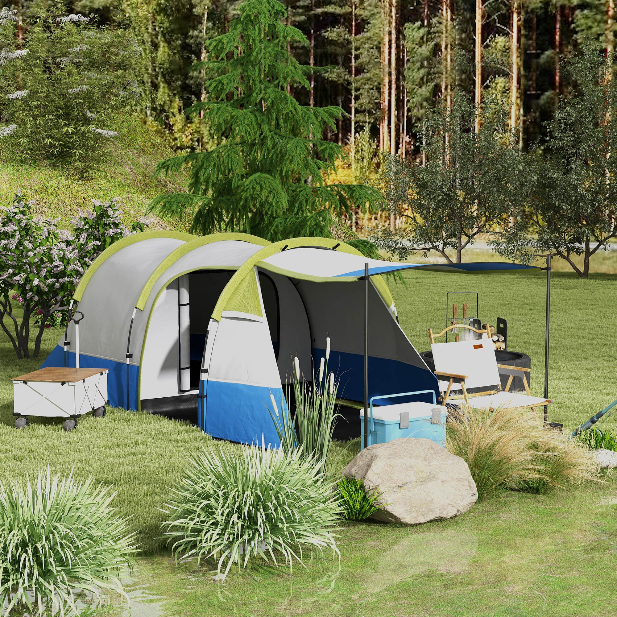 Spacious Two-Room Family Camping Tent with Porch - Green