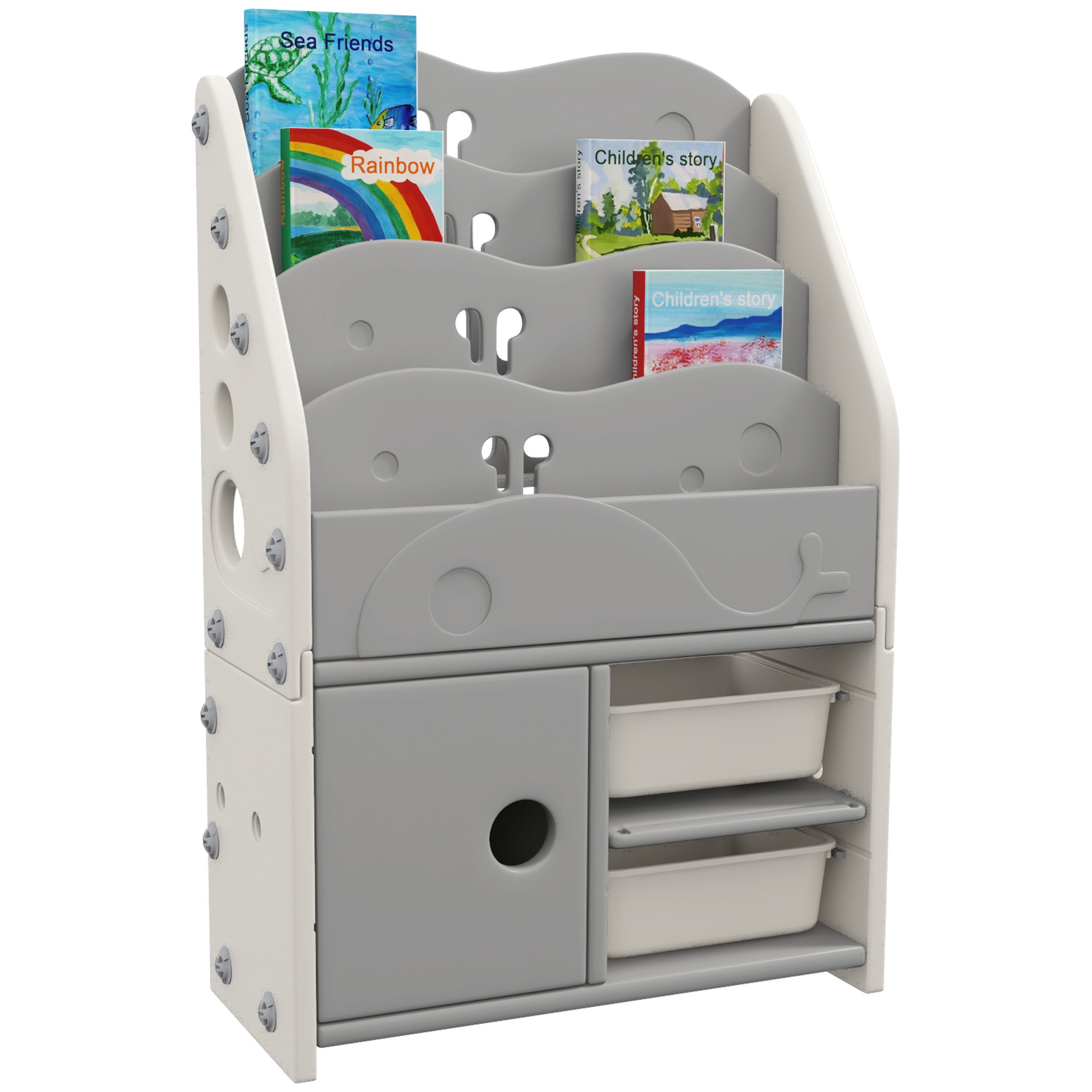 Kids Storage Units with 2 Storage Boxes, 4 Tier Bookshelf, Cabinet, 67 x 29 x 98cm Light Grey