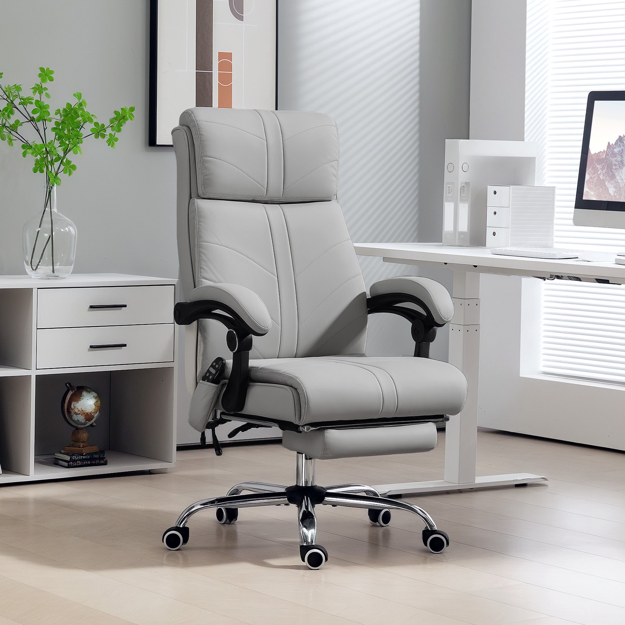 Faux Leather Massage Office Chair with Recline and Heating - Light Grey
