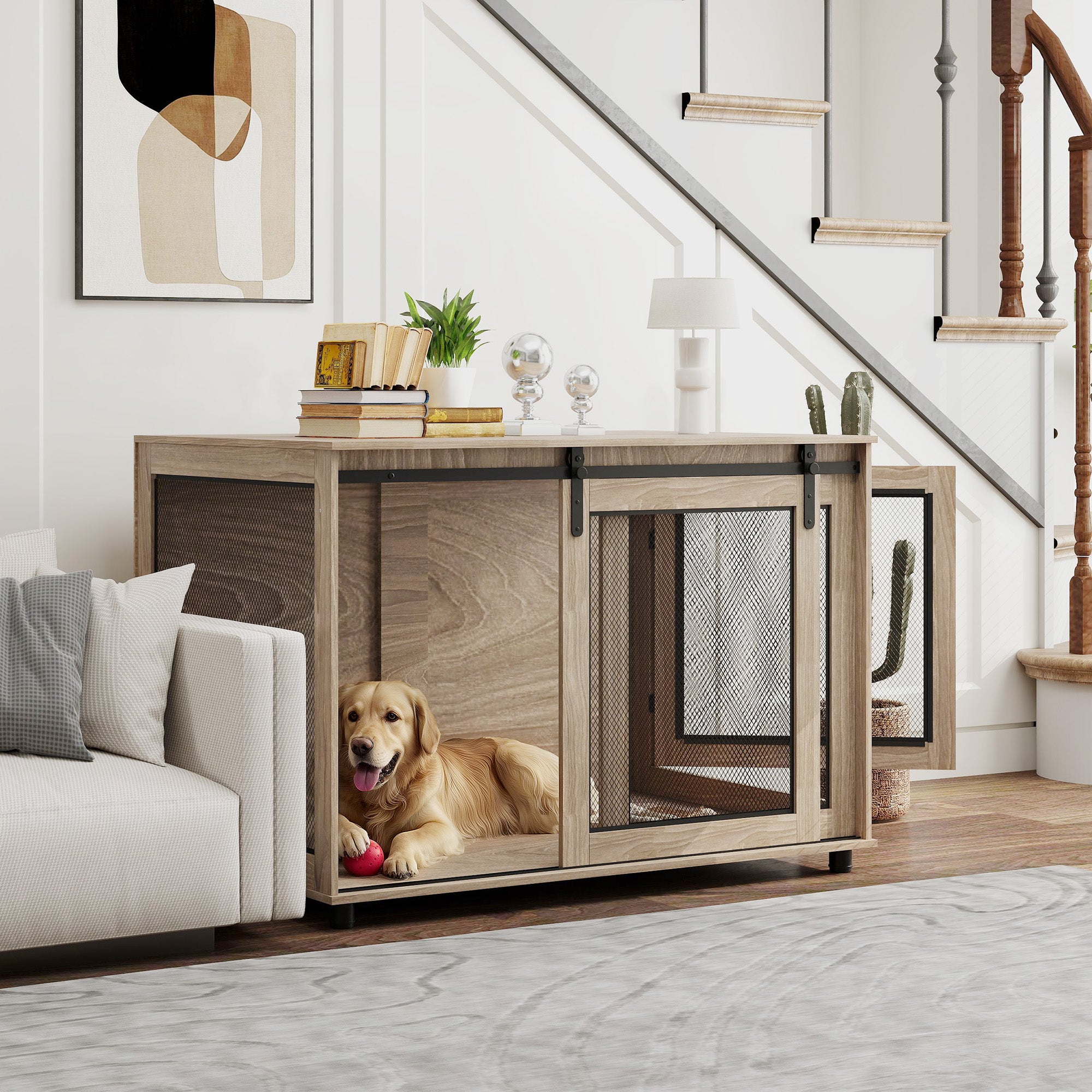 Extra Large Dog Crate Furniture with Sliding Door 118x75.5x82cm - Walnut Brown