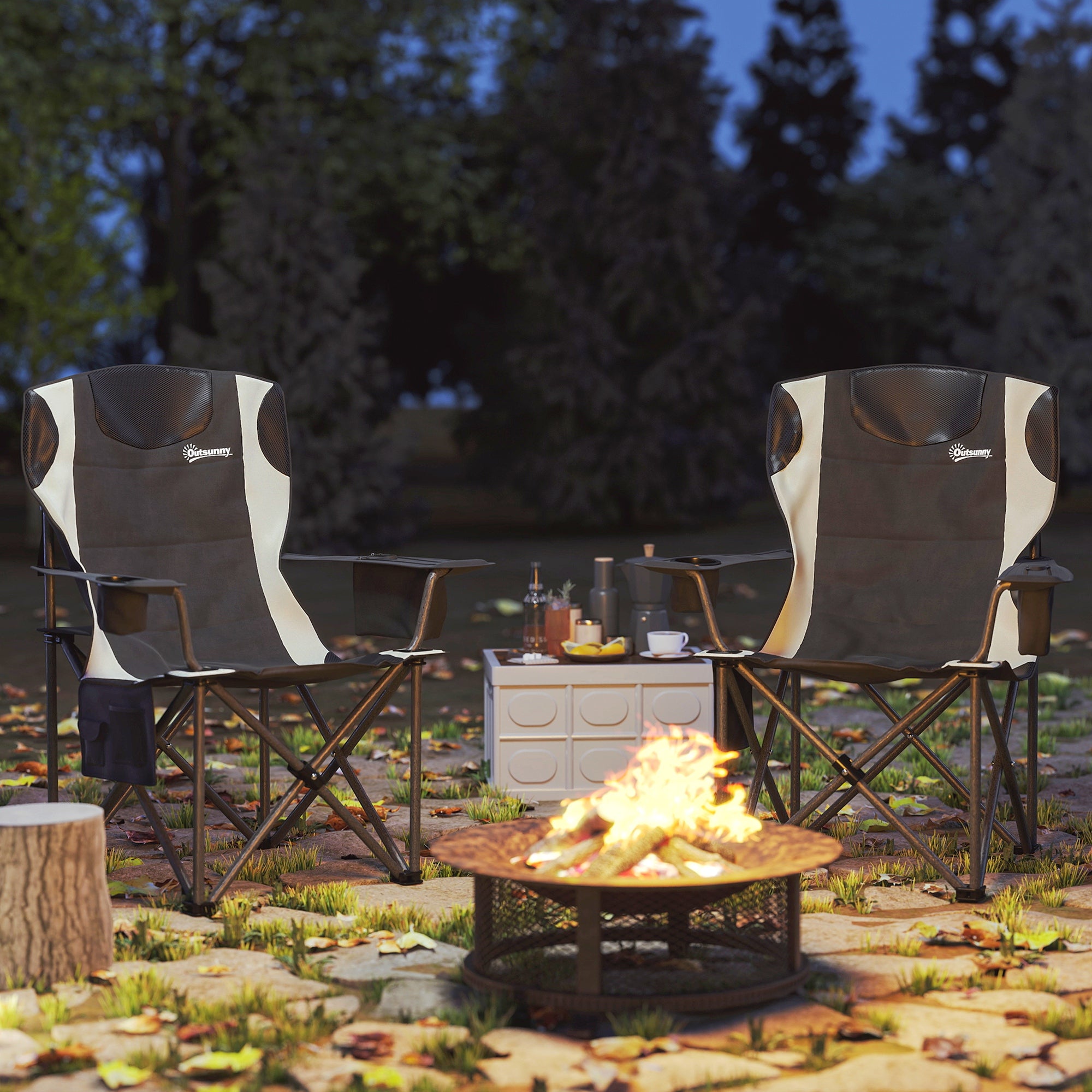 Padded Folding Camping Chairs Set of 2 with Cooler Bag and Cup Holder - Black