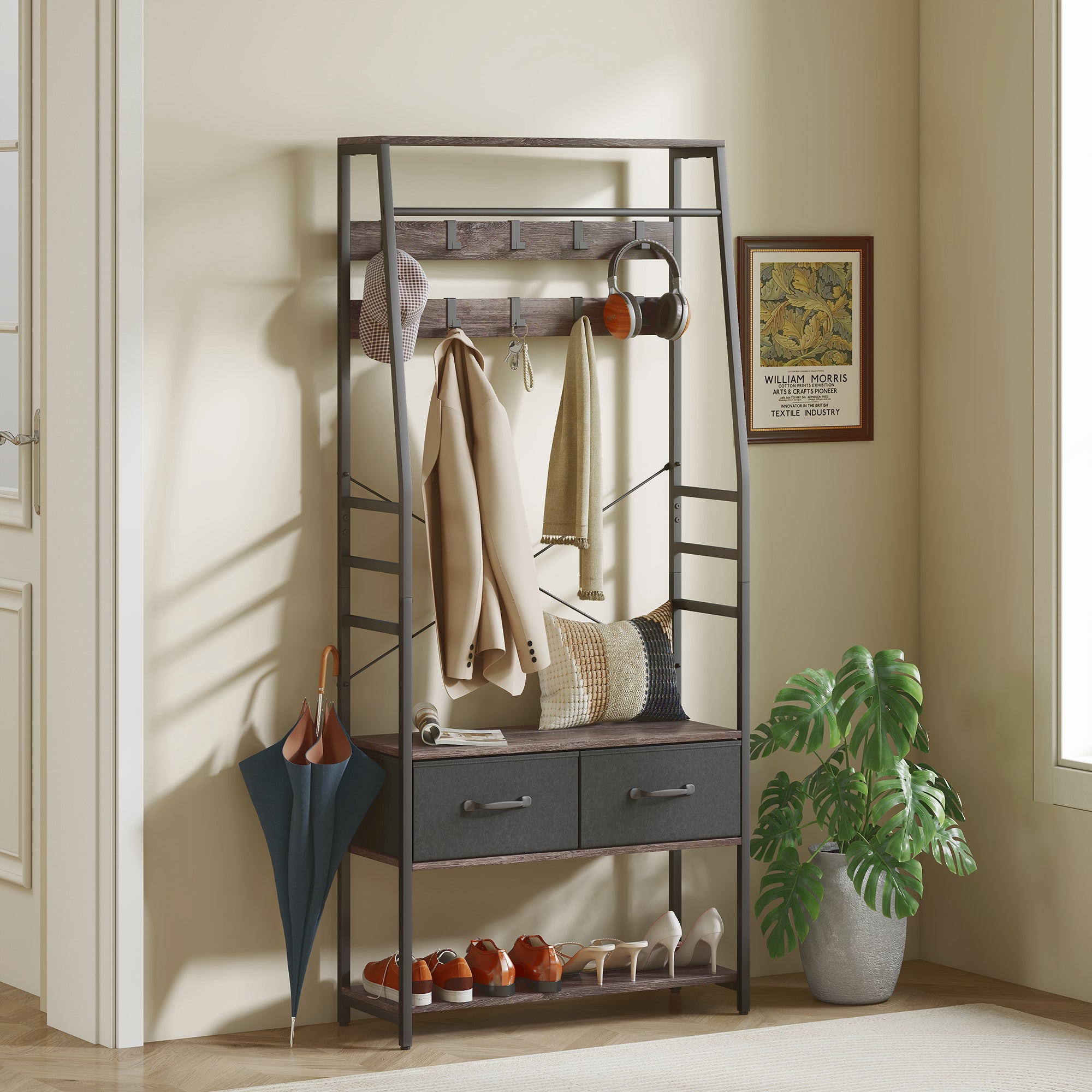 Coat Rack with Shoe Storage, Hall Tree, Industrial Coat Stand with Shoe Bench, 10 Removable Hooks, 2 Fabric Drawers and Clothes Rail for Entryway, Hallway, Grey