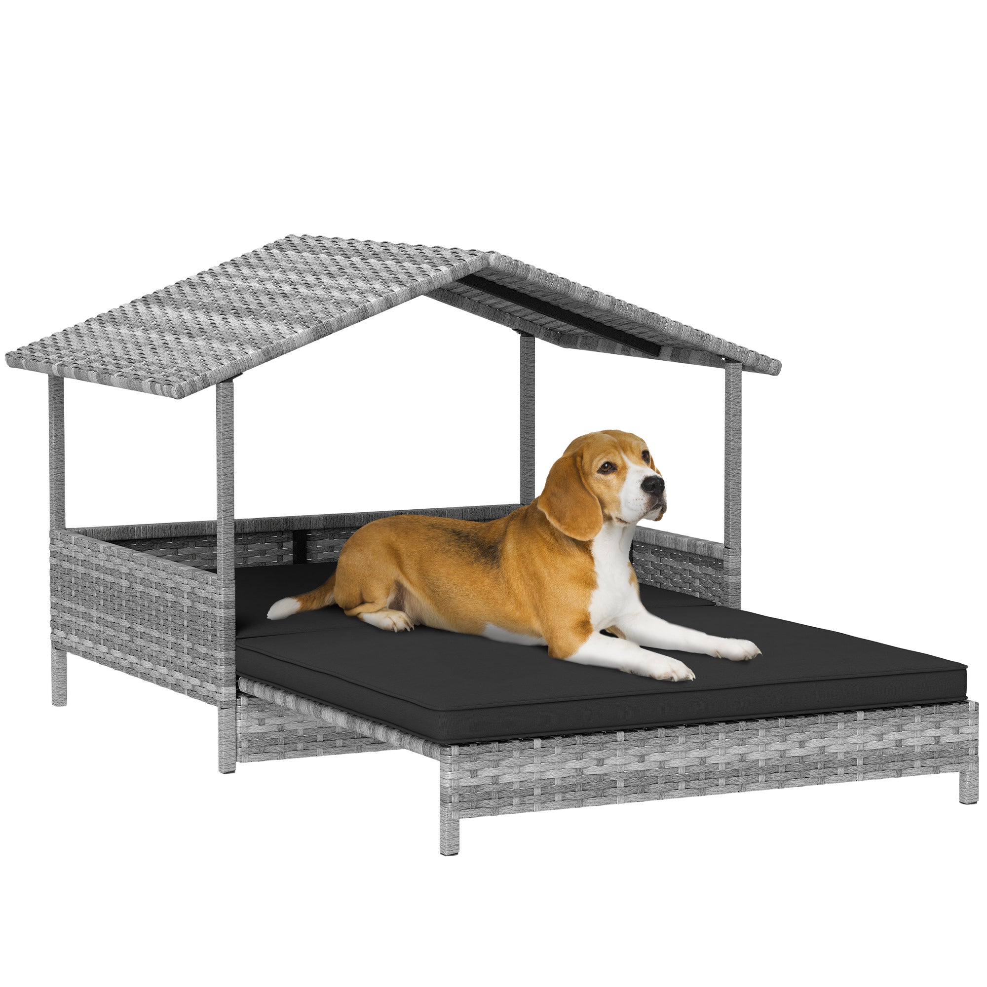 Extendable Elevated Dog Bed, Rattan Dog House, with Water-Resistant Roof, Removable Cushion, Charcoal Grey