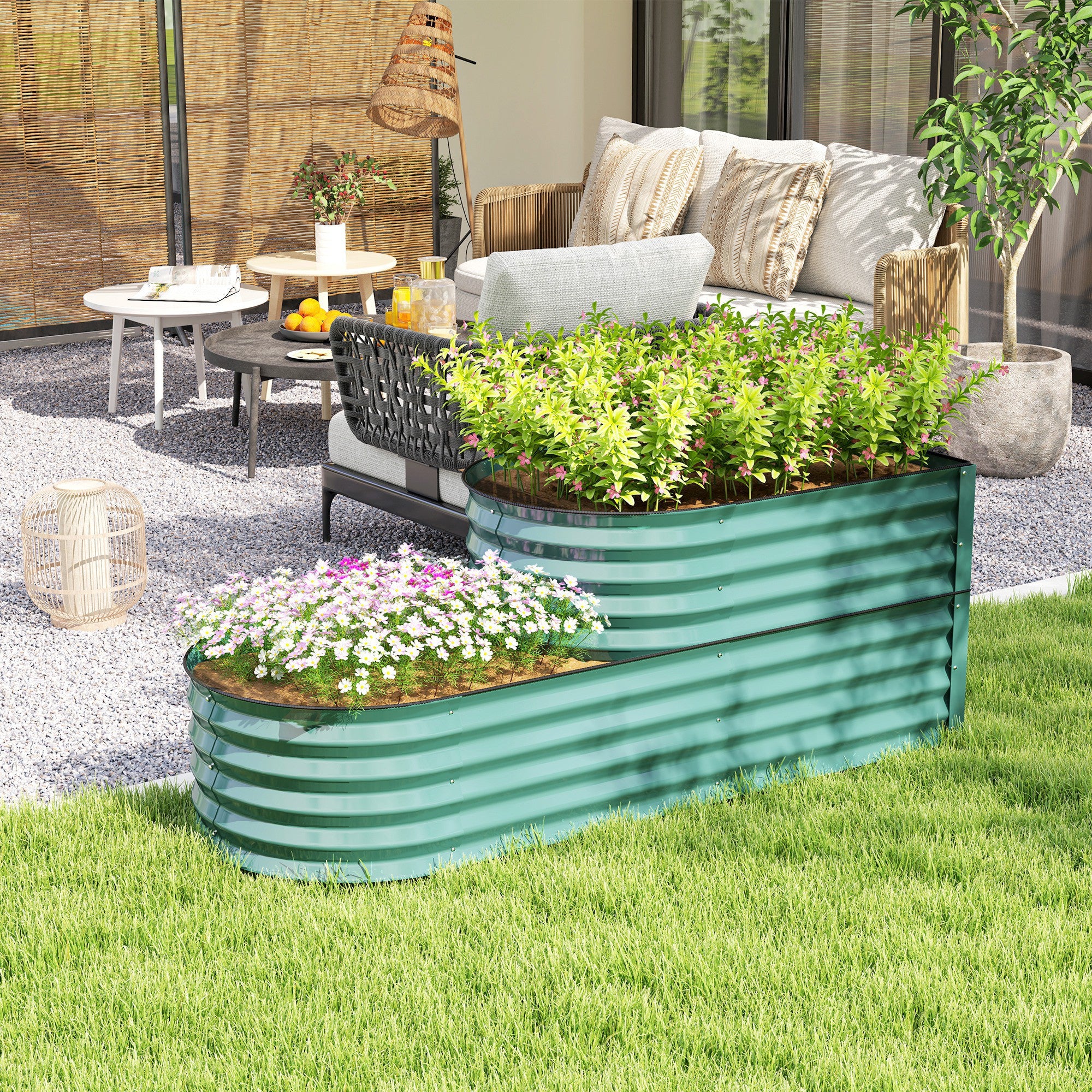 Two Tier Galvanised Steel Garden Planter with Open Bottom - Dark Green