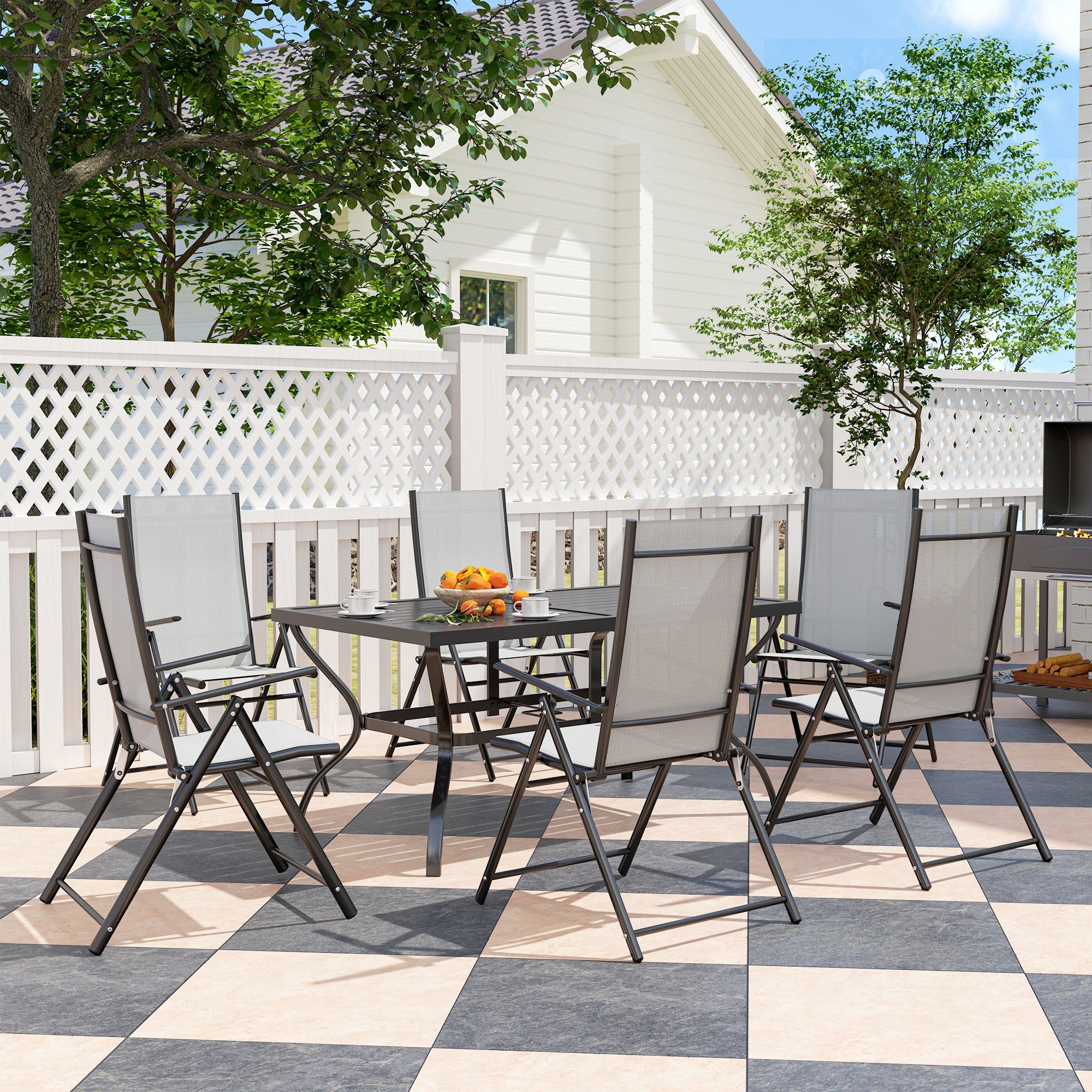 7 Piece Steel Outdoor Dining Set with Parasol Hole - Grey
