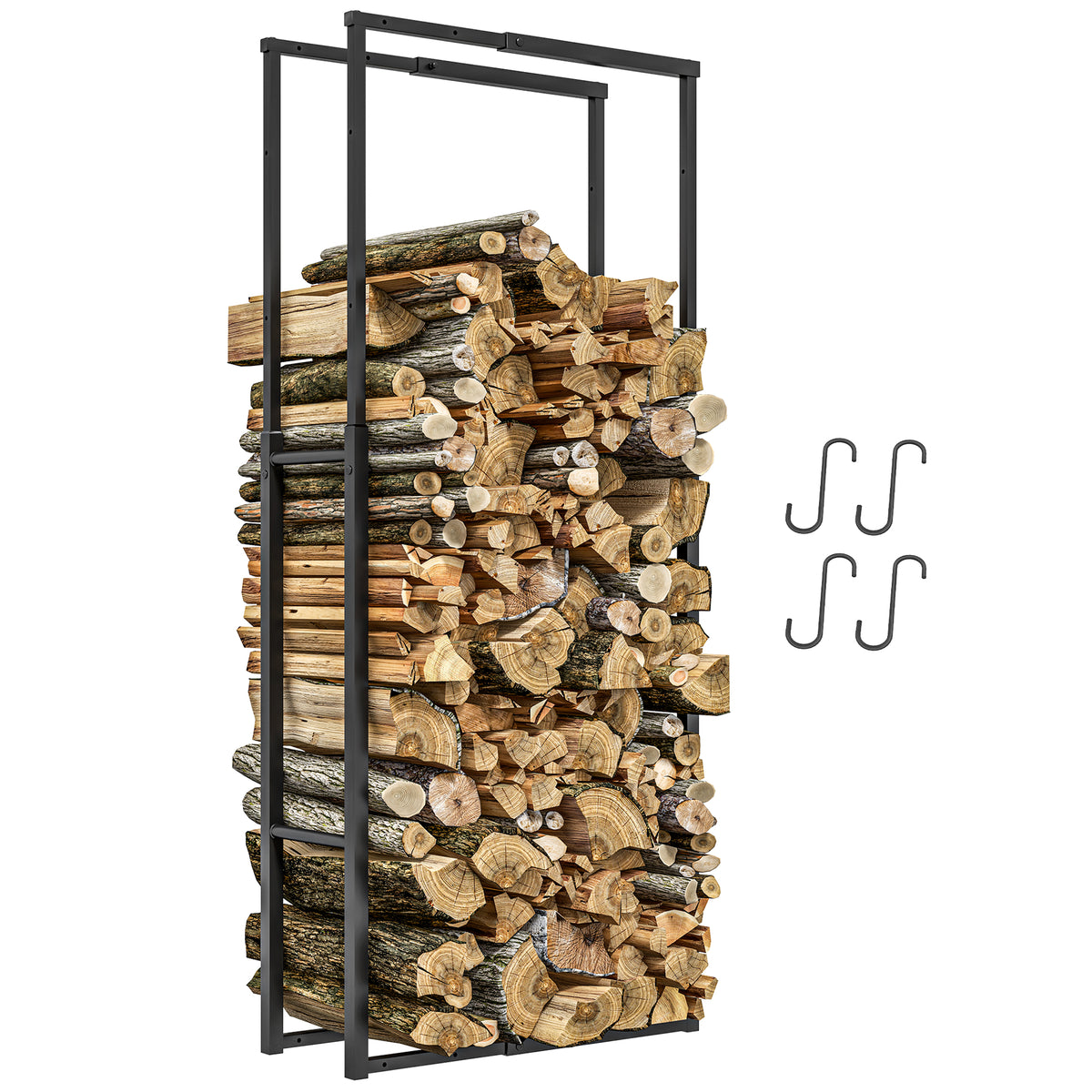 Adjustable Metal Firewood Log Holder 40-65 x 100-150cm with Hooks - Black