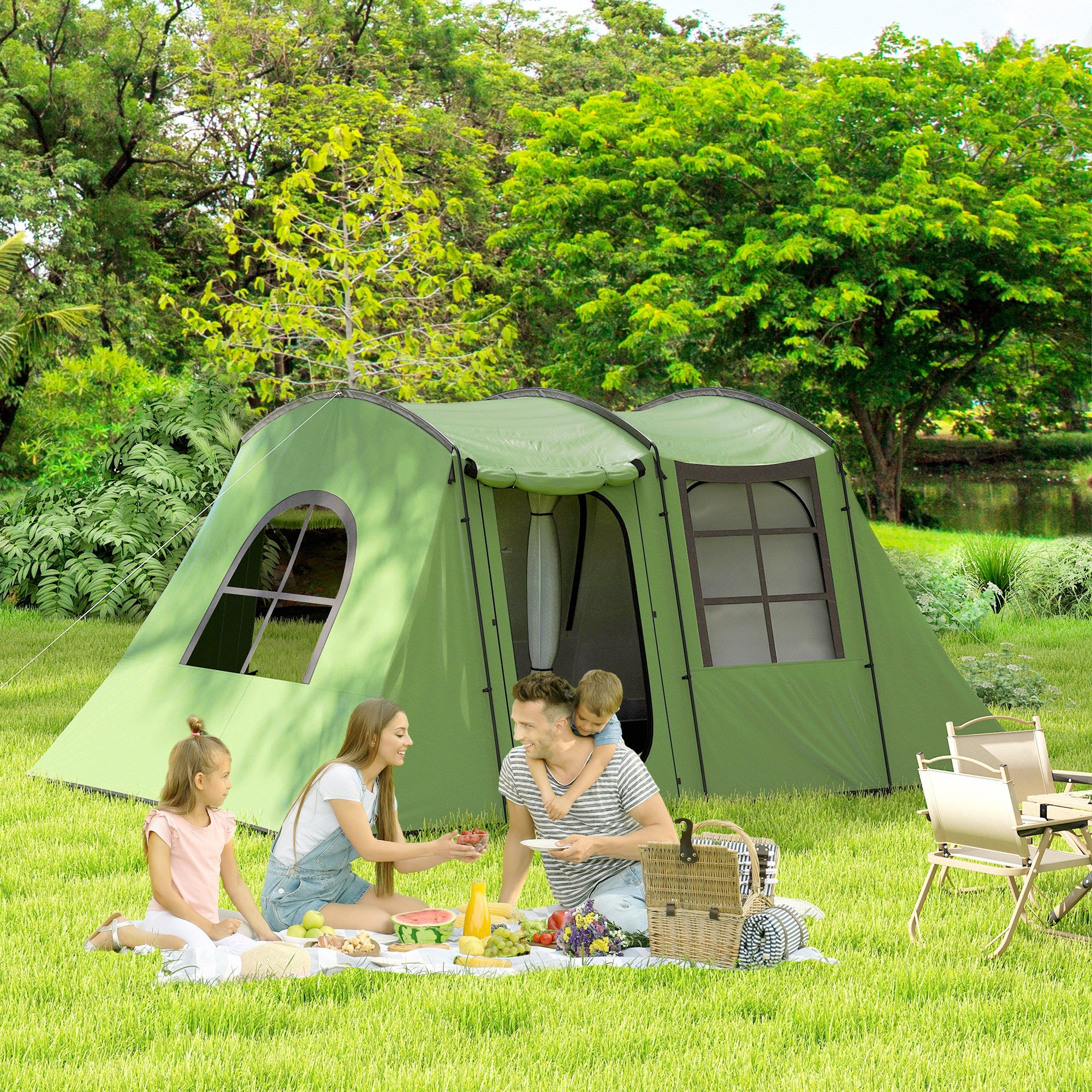 Spacious 3-4 Man Family Tunnel Tent with Waterproof Design - Green