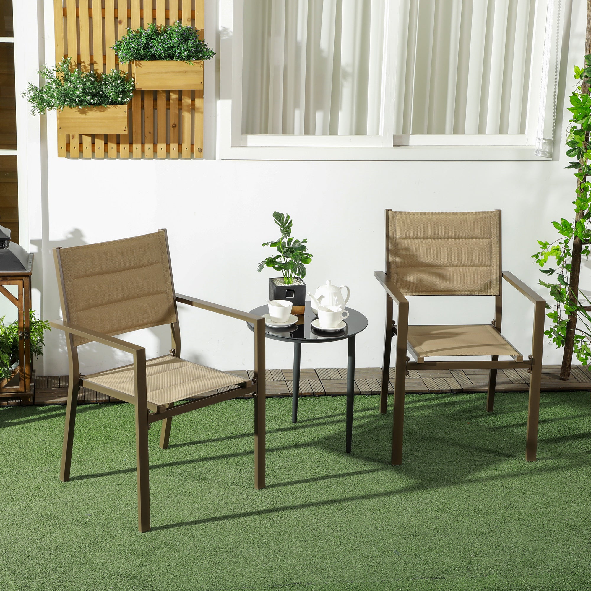 Set of 2 Aluminium Stacking Garden Chairs with High Back - Khaki