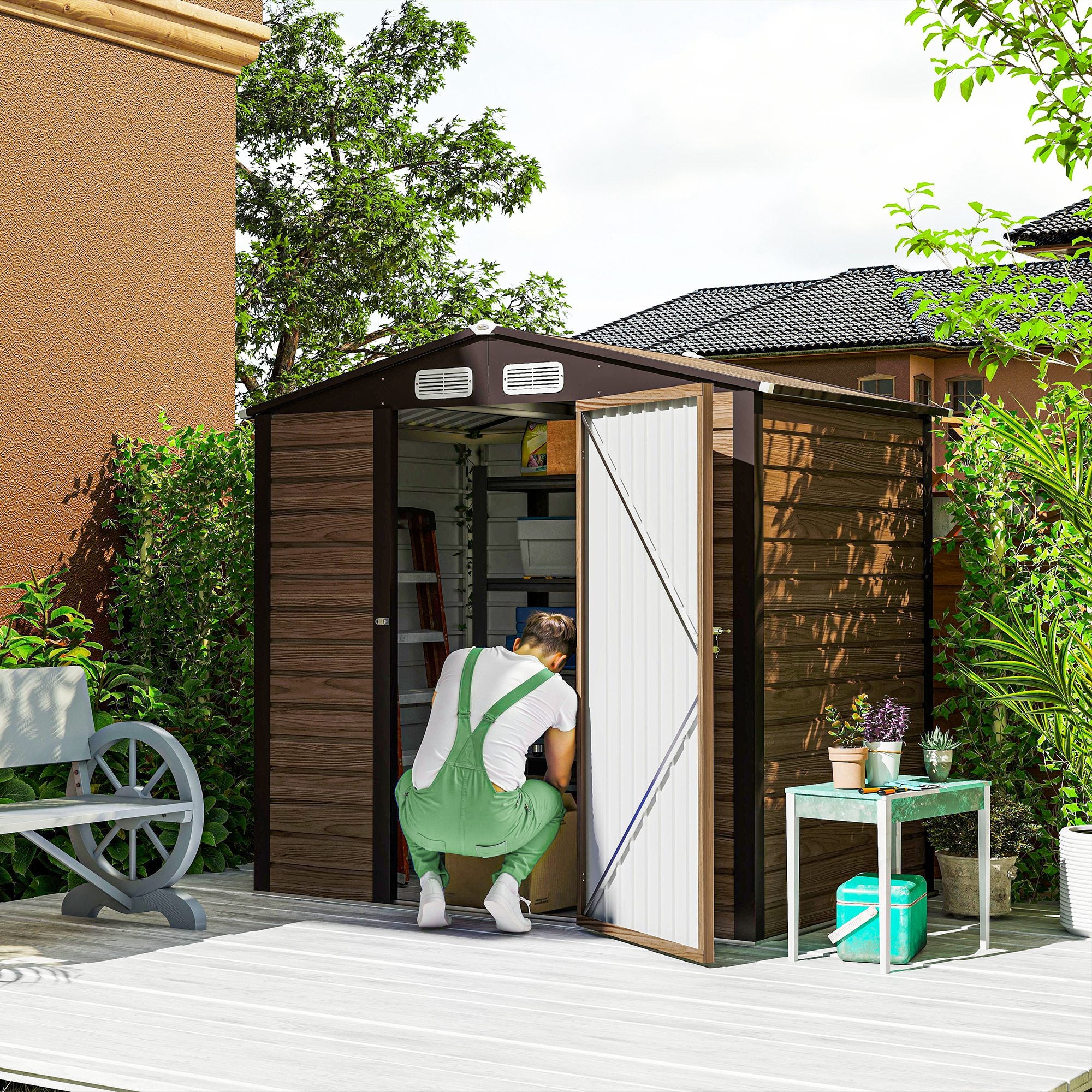 4 x 6ft Galvanised Steel Garden Shed with Lock and Gloves - Oak
