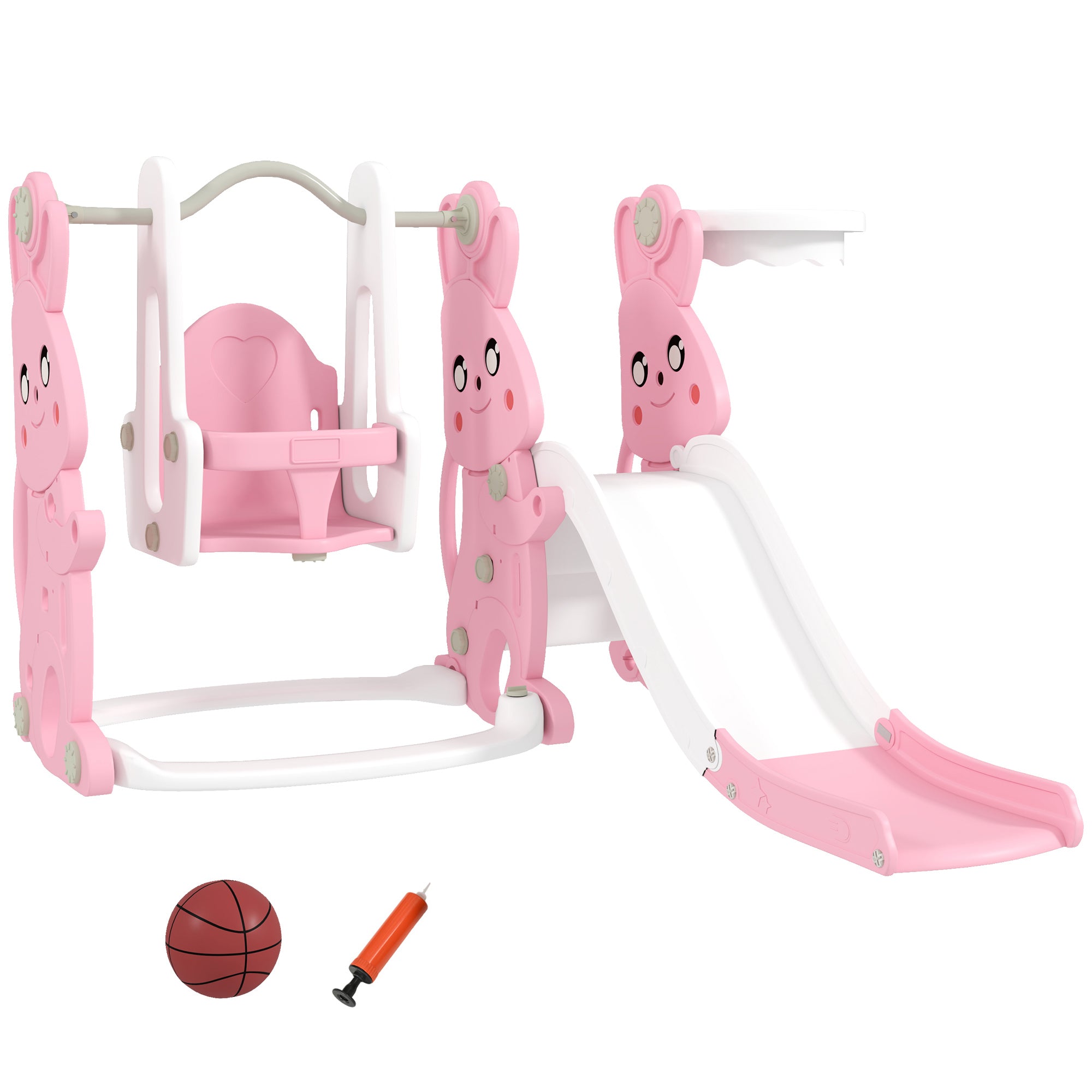 4 in 1 Kids Slide and Swing Set with Climber, Basketball Hoop, Rabbit-Themed, Pink