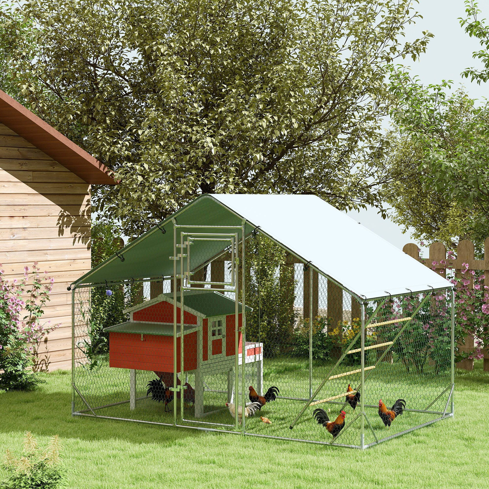 Walk in Chicken Run w/ Cover, Feeding Door, Hanging Feeder, Perch, for 6-8 Poultry