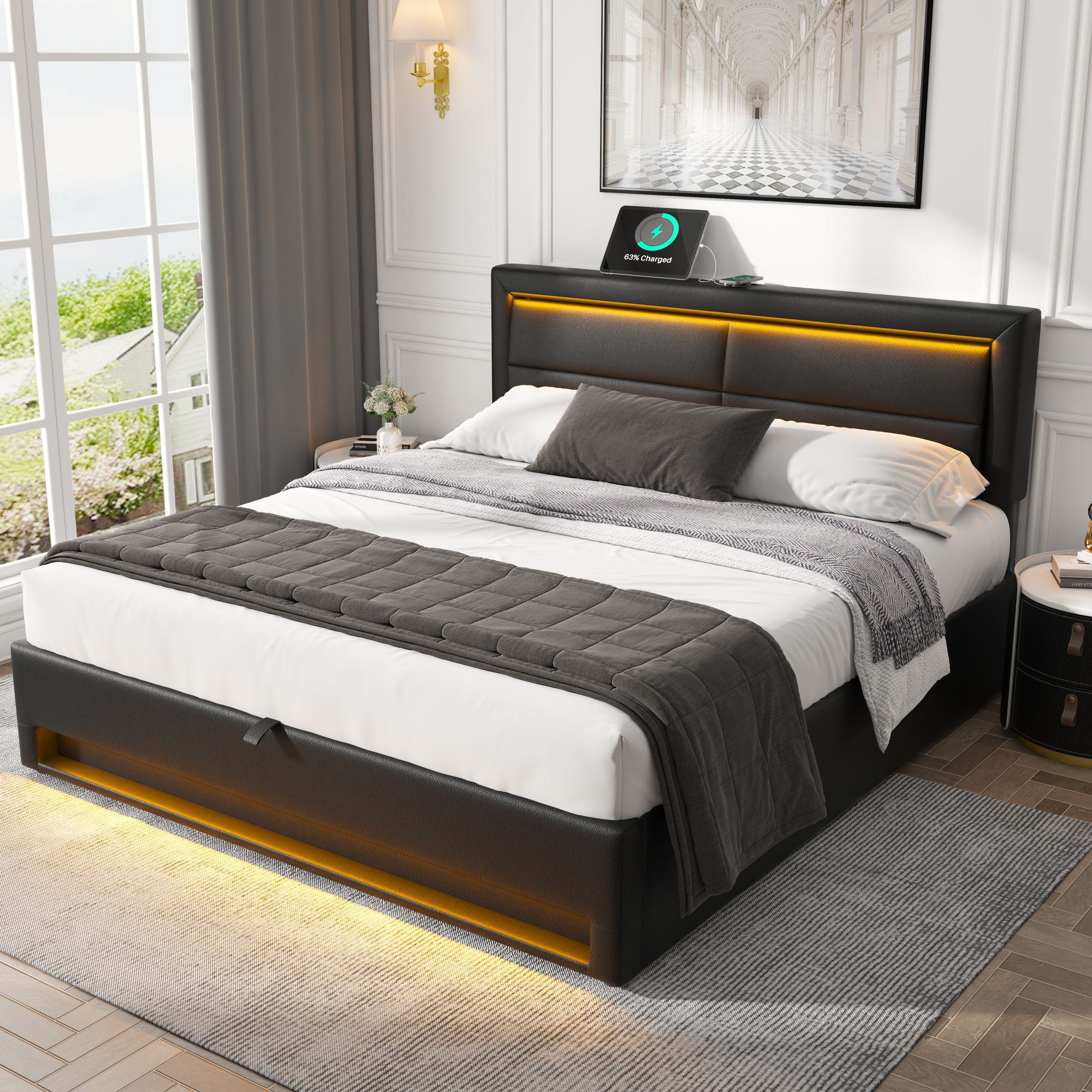 Upholstered Double Bed with USB Charging and Storage - Black