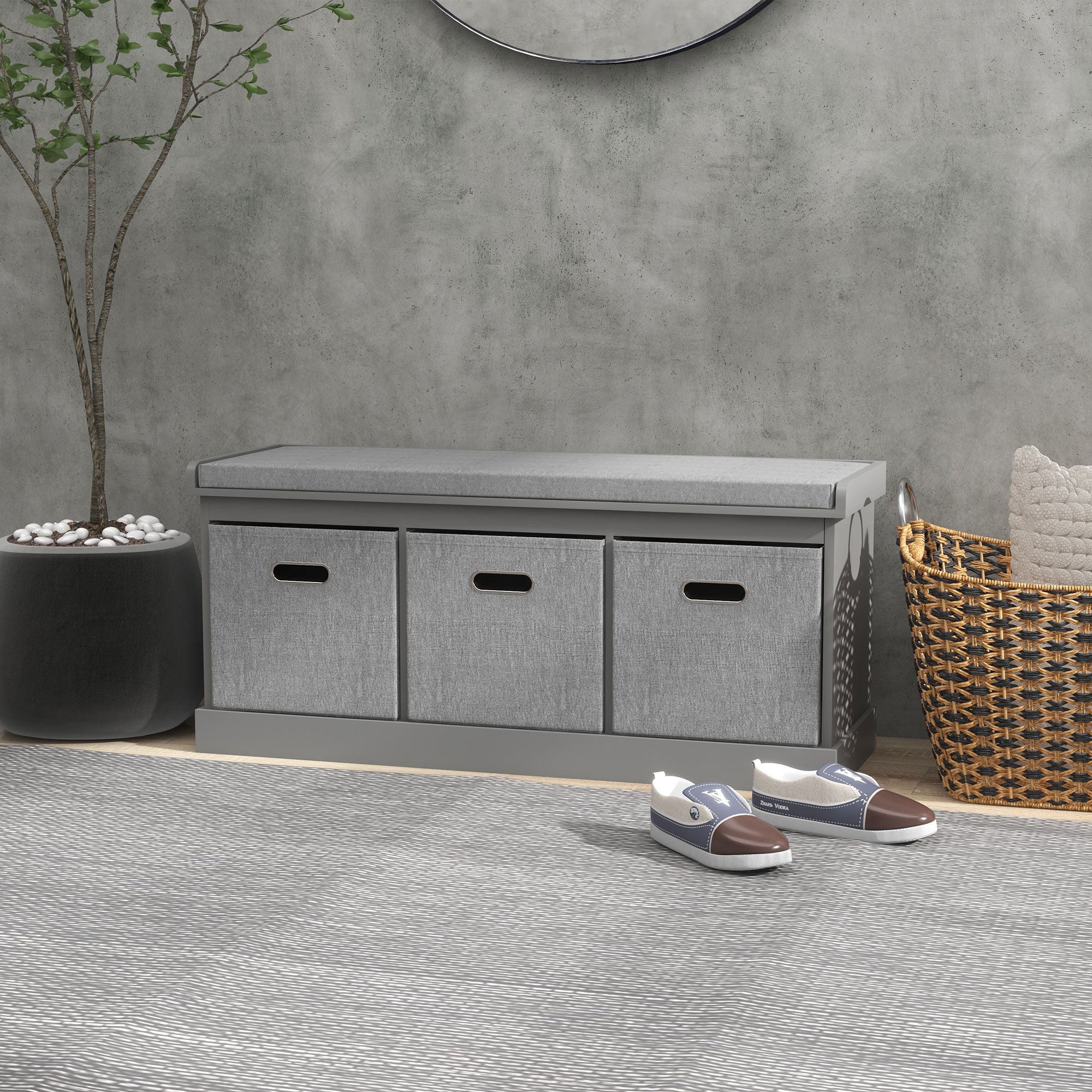 Three-Drawer Shoe Storage Bench, with Padded Top Seat - Grey