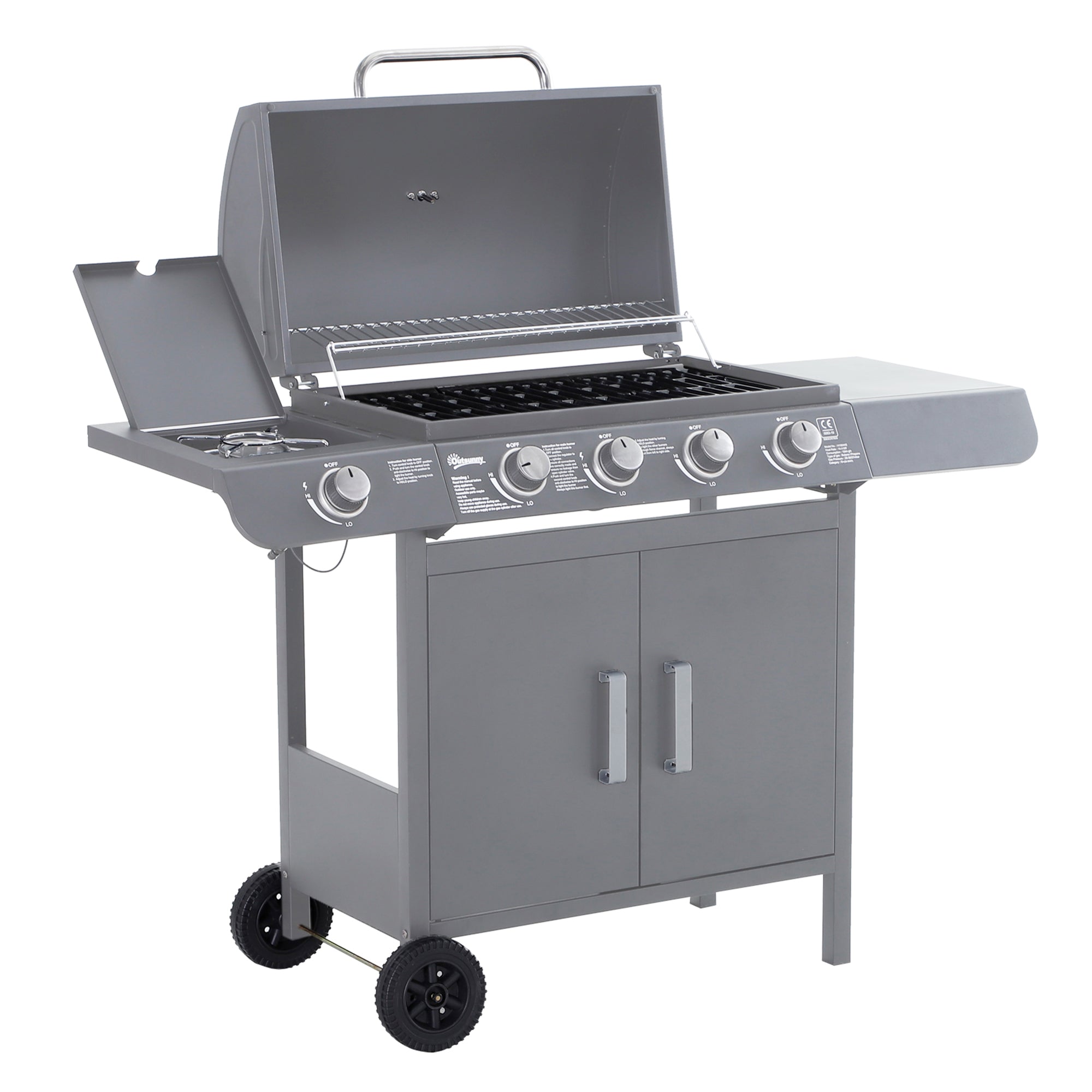 4+1 Burner Gas BBQ Grill Trolley with Wheels, Warming Rack, Side Shelves, Cabinet & Thermometer - Grey