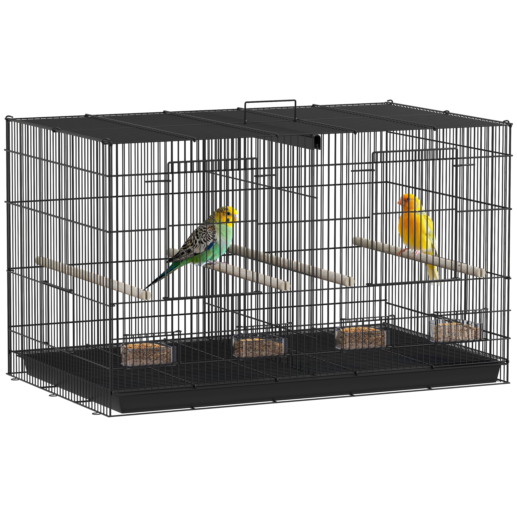 Bird Cage with Divider, 4 Perches & Feeders, Slide-Out Tray, 76x46x46cm for Budgie, Lovebird, Canary - Black