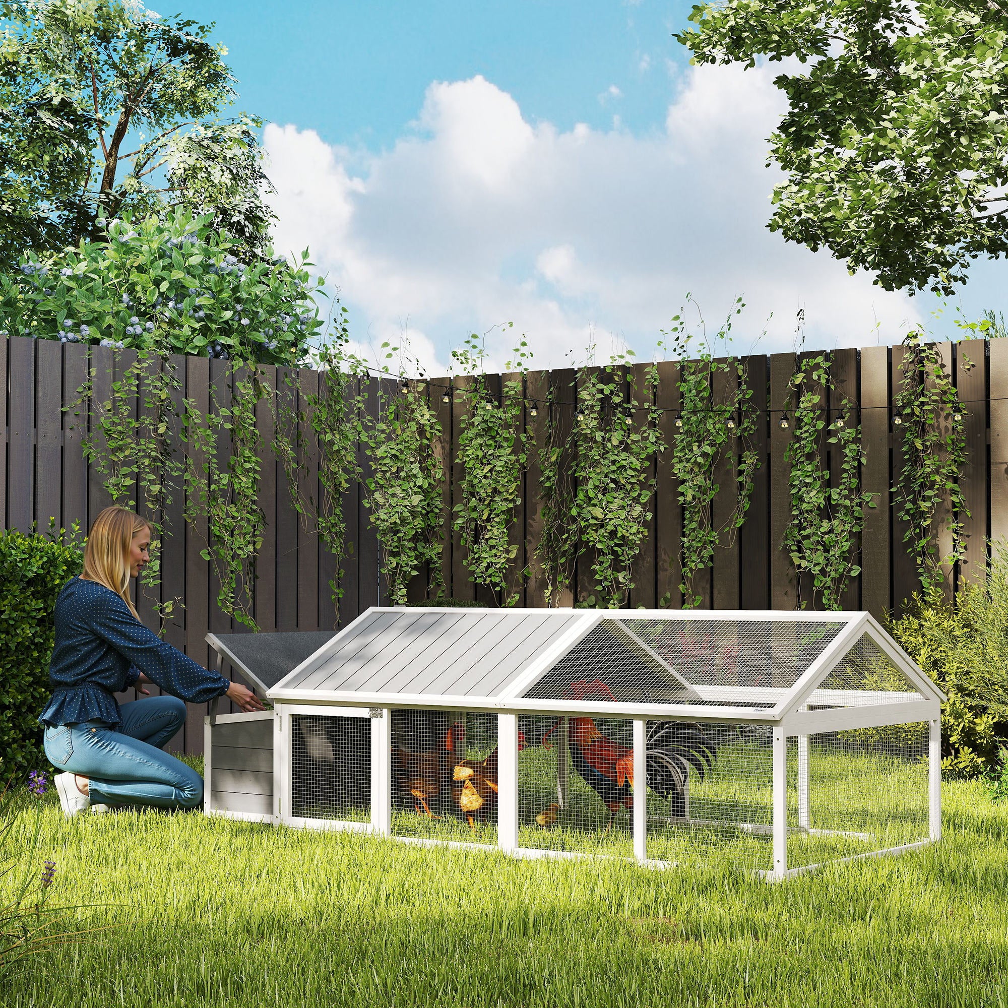 Wooden Chicken Coop with Nesting Box, Openable Roof, for 4-8 Chickens, White