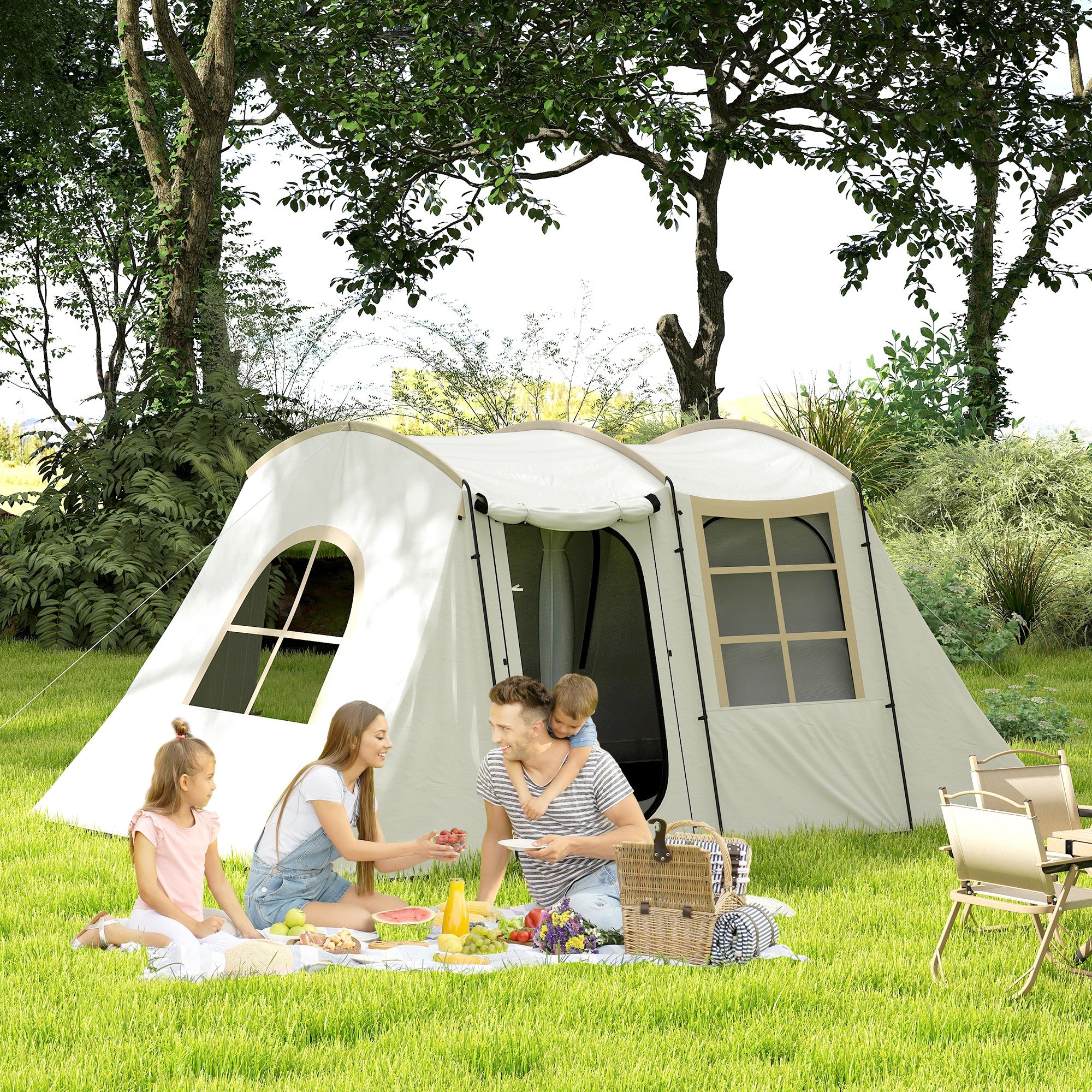 Spacious 3-4 Person Family Tunnel Tent with Porch - Khaki