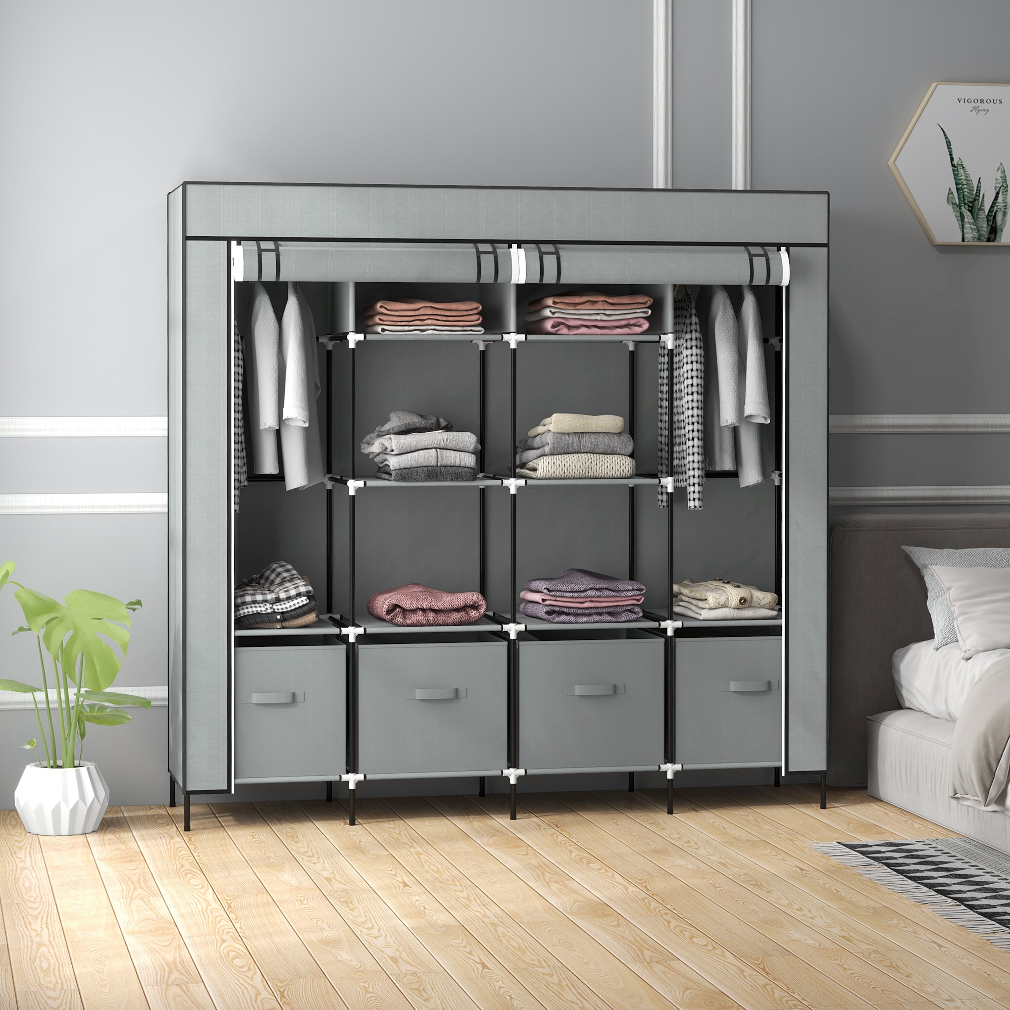 Portable Fabric Wardrobe with 10 Compartments and 4 Drawers - Dark Grey
