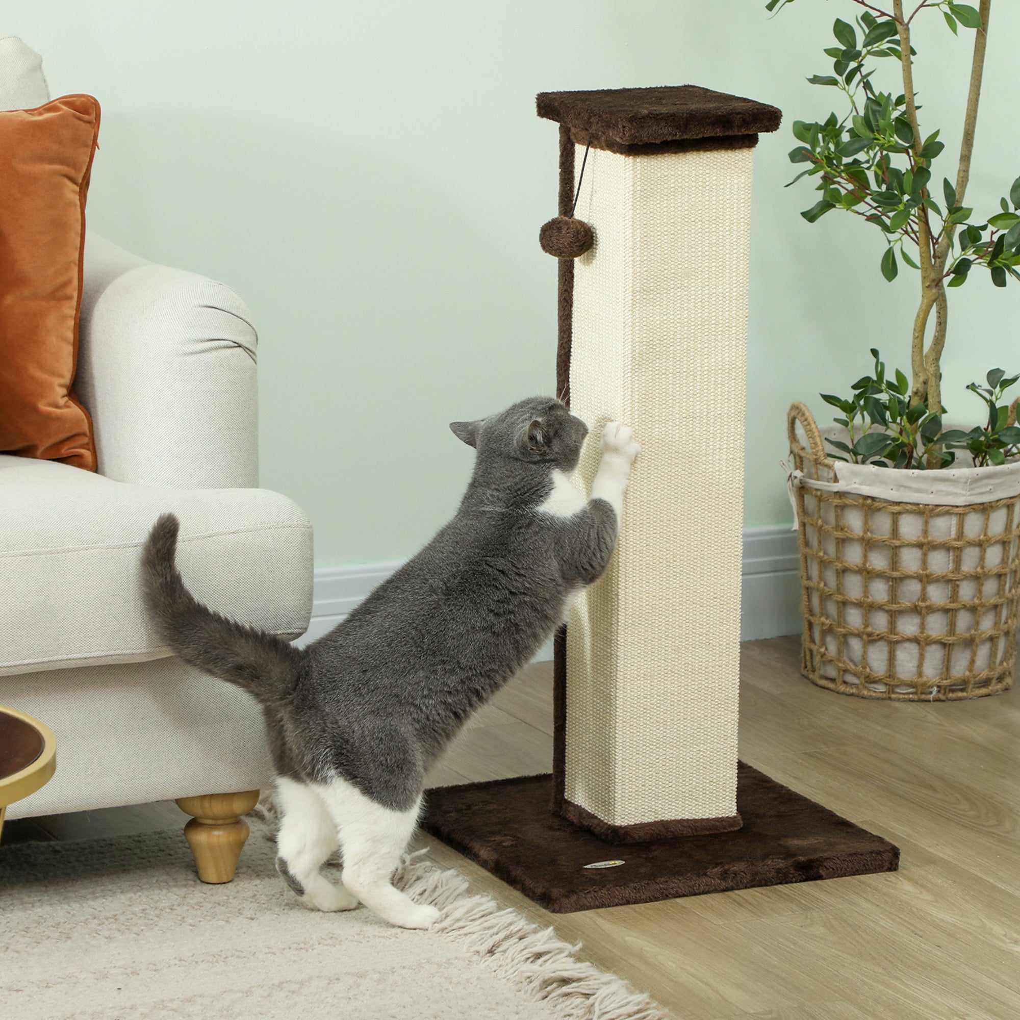 81cm Vertical Cat Scratcher with Sisal Rope, Hanging Ball & Plush - Brown