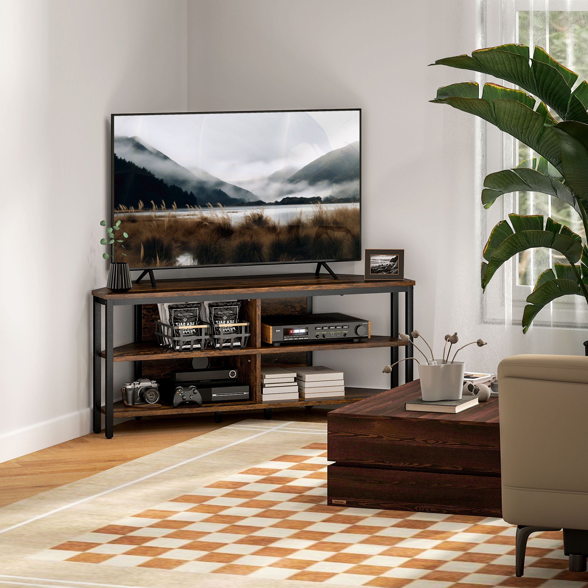 Industrial Corner TV Unit for TVs up to 50" with Storage Shelves - Black/Brown