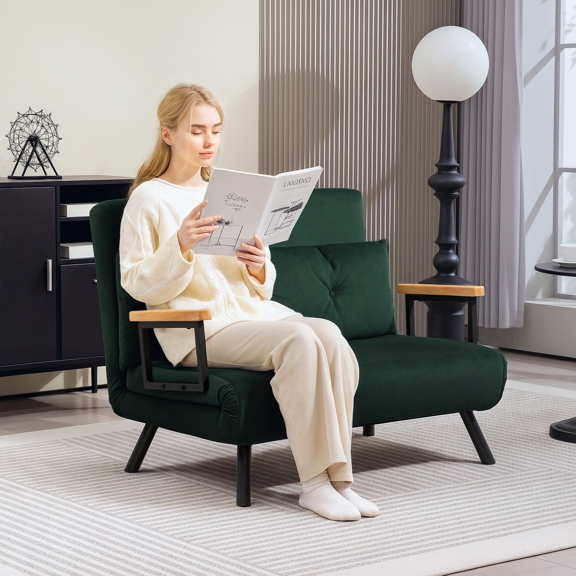 4-in-1 Velvet-Feel Double Sofa Bed, with Pillows - Green