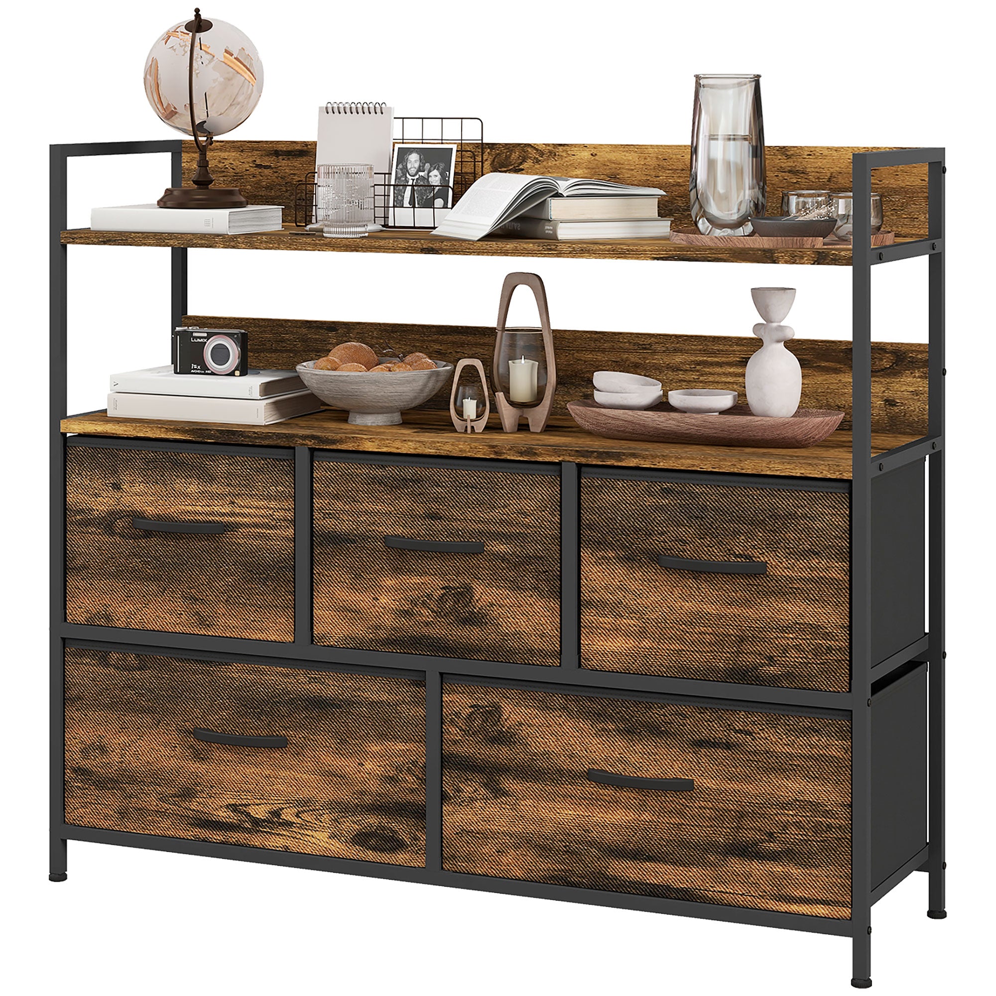 Rustic Chest of Five Fabric Drawers with Shelves - Rustic Brown