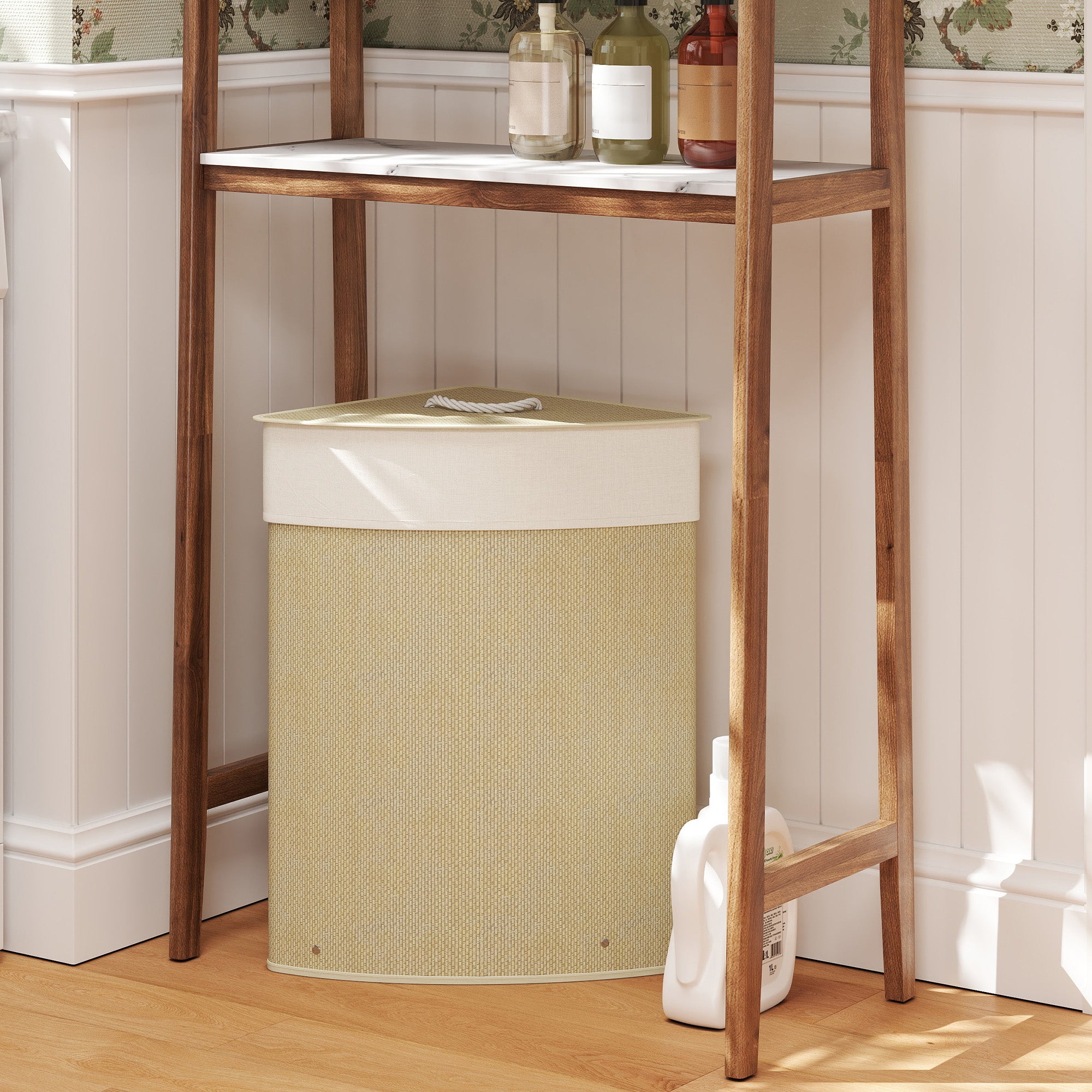 Bamboo Laundry Basket with Lid, 55L Corner Laundry Hamper with Removable Washable Liner Bag, Bathroom Triangle Washing Basket, 35 x 35 x 60 cm, Nature Wood Finish