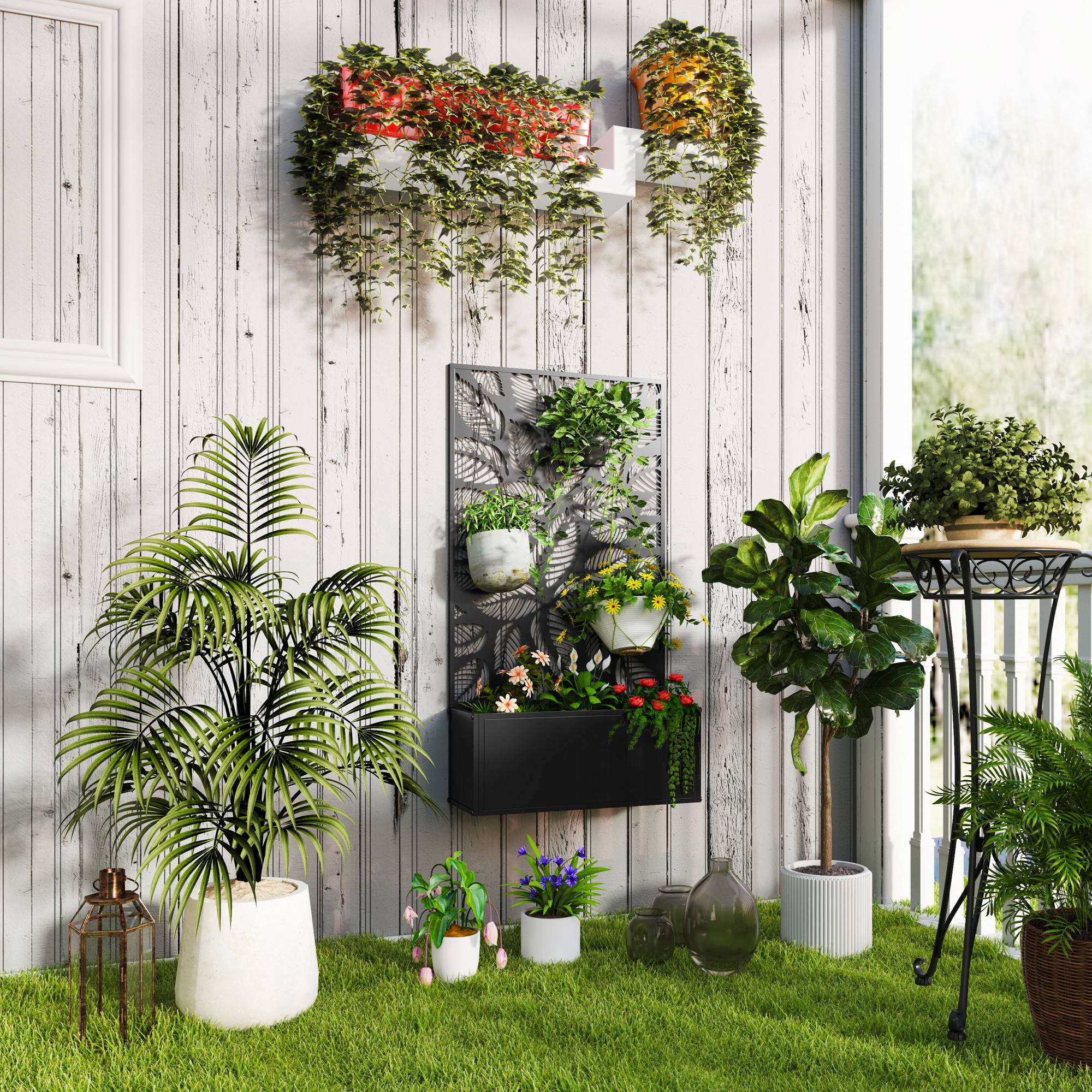 Outdoor Metal Planter with Leaf Cut-Out Trellis 61x23x113cm - Black
