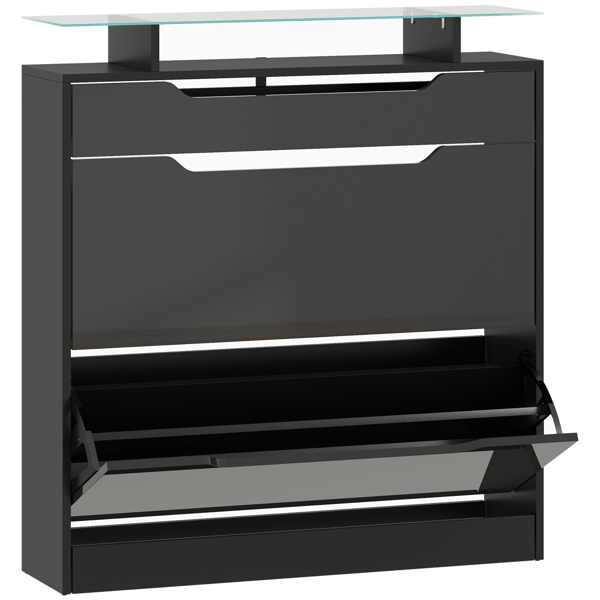 Shoe Storage Cabinet with Slide Out Drawer, 2 Flip Doors, Tempered Glass Top - Black
