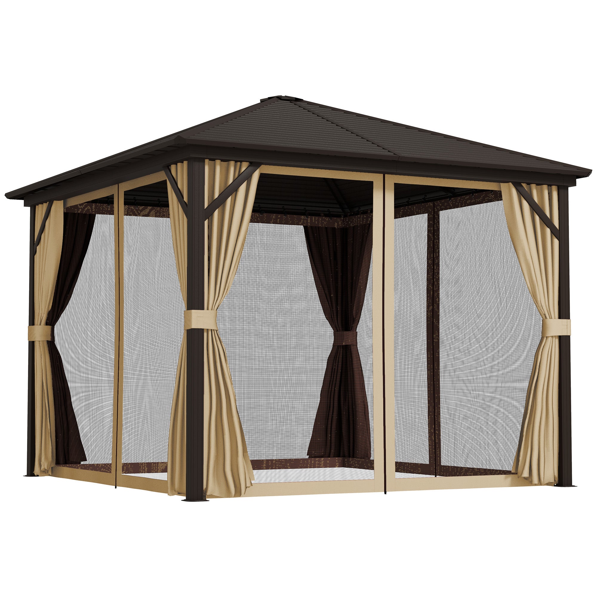 3 Piece Metal Hardtop Gazebo with Curtains and Accessories - Brown