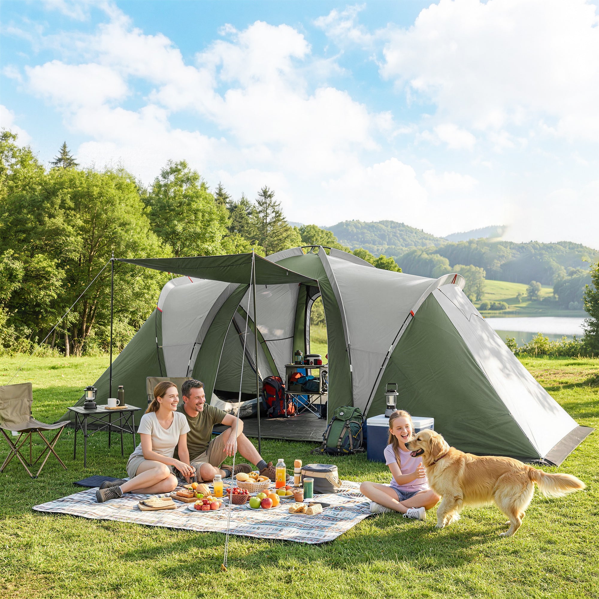 Family Camping Tent 3000mm Waterproof Windproof Tunnel Tent 8-12 Person Two Bedrooms Green