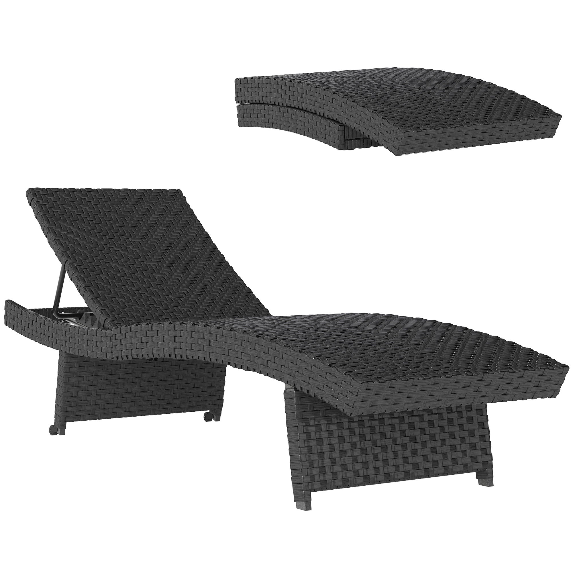 Outdoor PE Rattan Sun Lounger with Wheels - Black