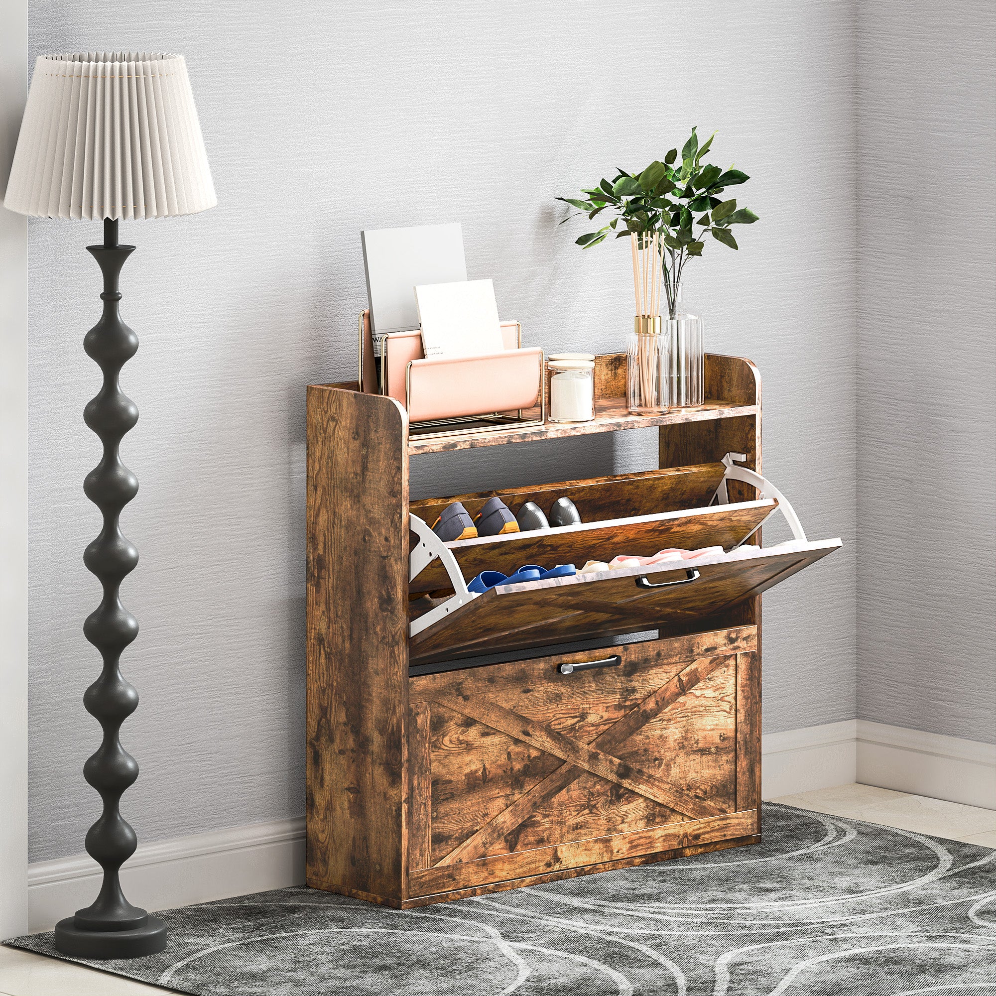 Two Flip Drawer Narrow Shoe Cabinet with Adjustable Shelves - Rustic Brown