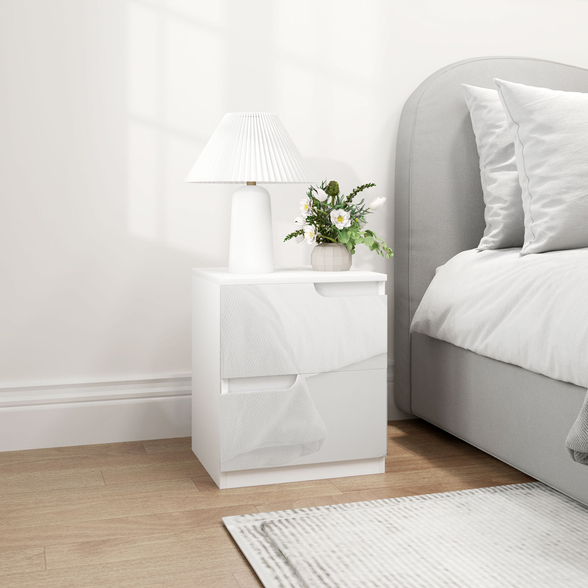 High Gloss Bedside Table with 2 Drawers - White